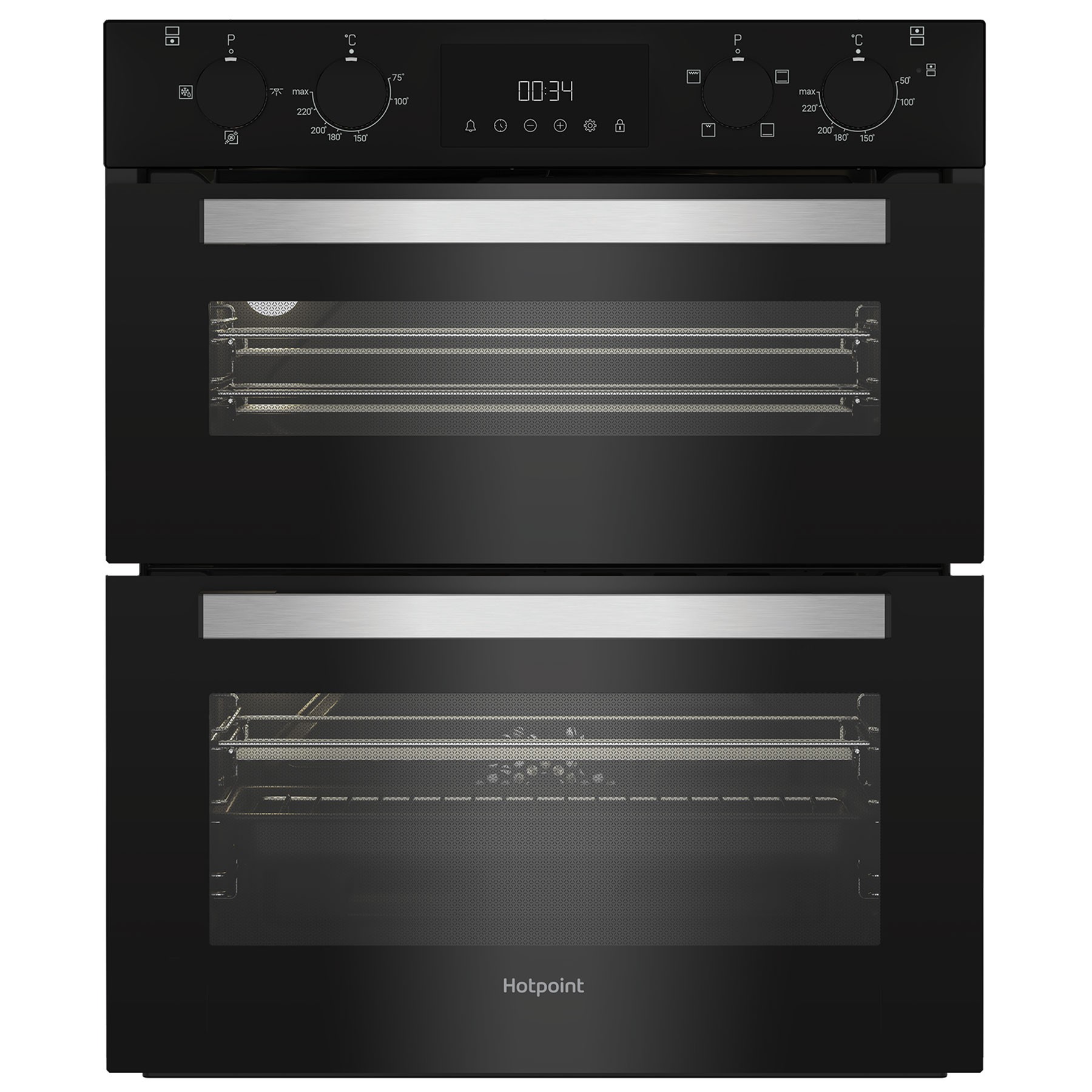 Black built-under electric double oven with stainless steel accents, featuring two glass doors, control knobs, and a digital display.