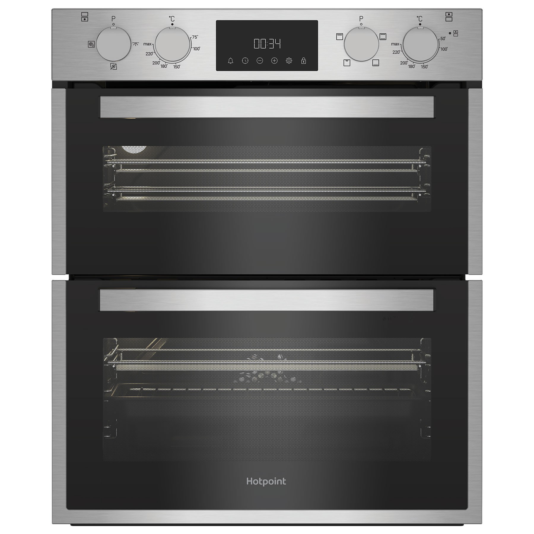 Stainless steel built-under electric double oven with two black glass doors, digital display, and control knobs for temperature and timer settings.