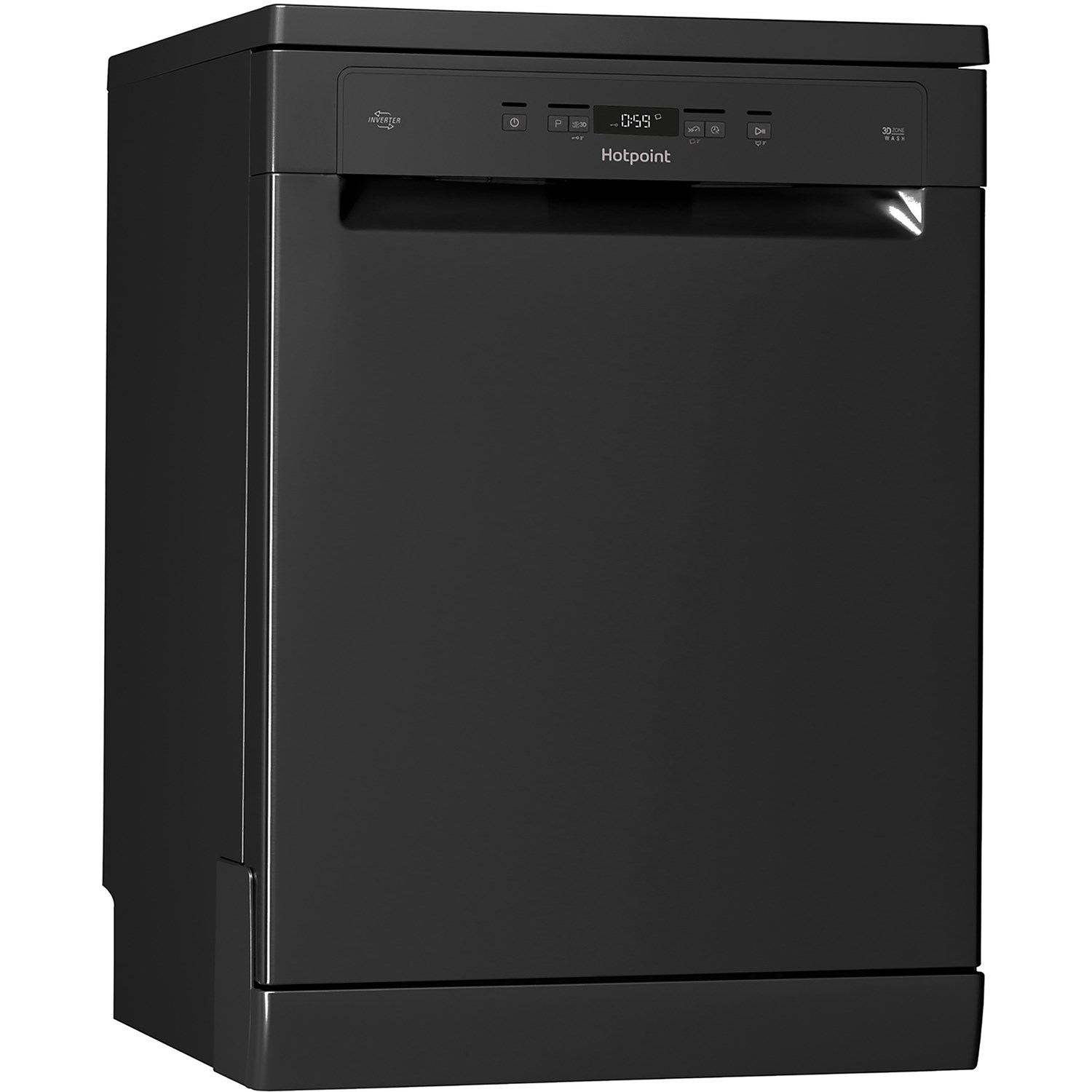 Black Hotpoint dishwasher featuring a sleek design, digital control panel with buttons, and a modern finish, ideal for contemporary kitchens.