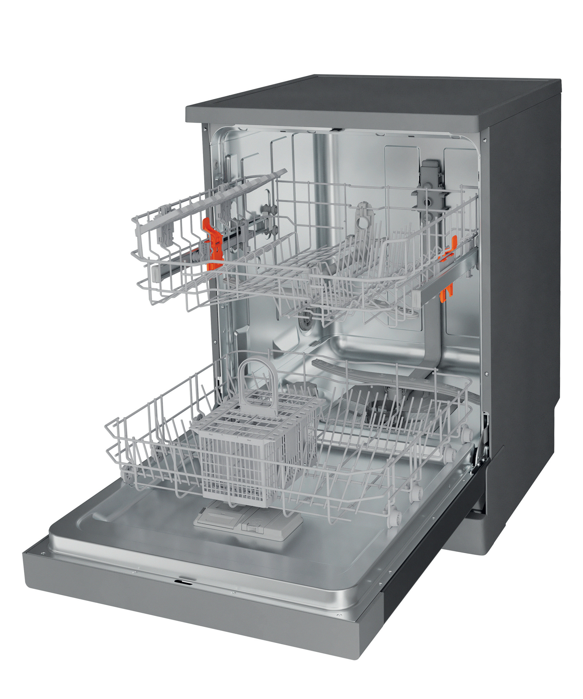 Stainless steel freestanding dishwasher with a sleek design, featuring two adjustable gray racks, orange clips, and a spacious interior for 14 place settings.