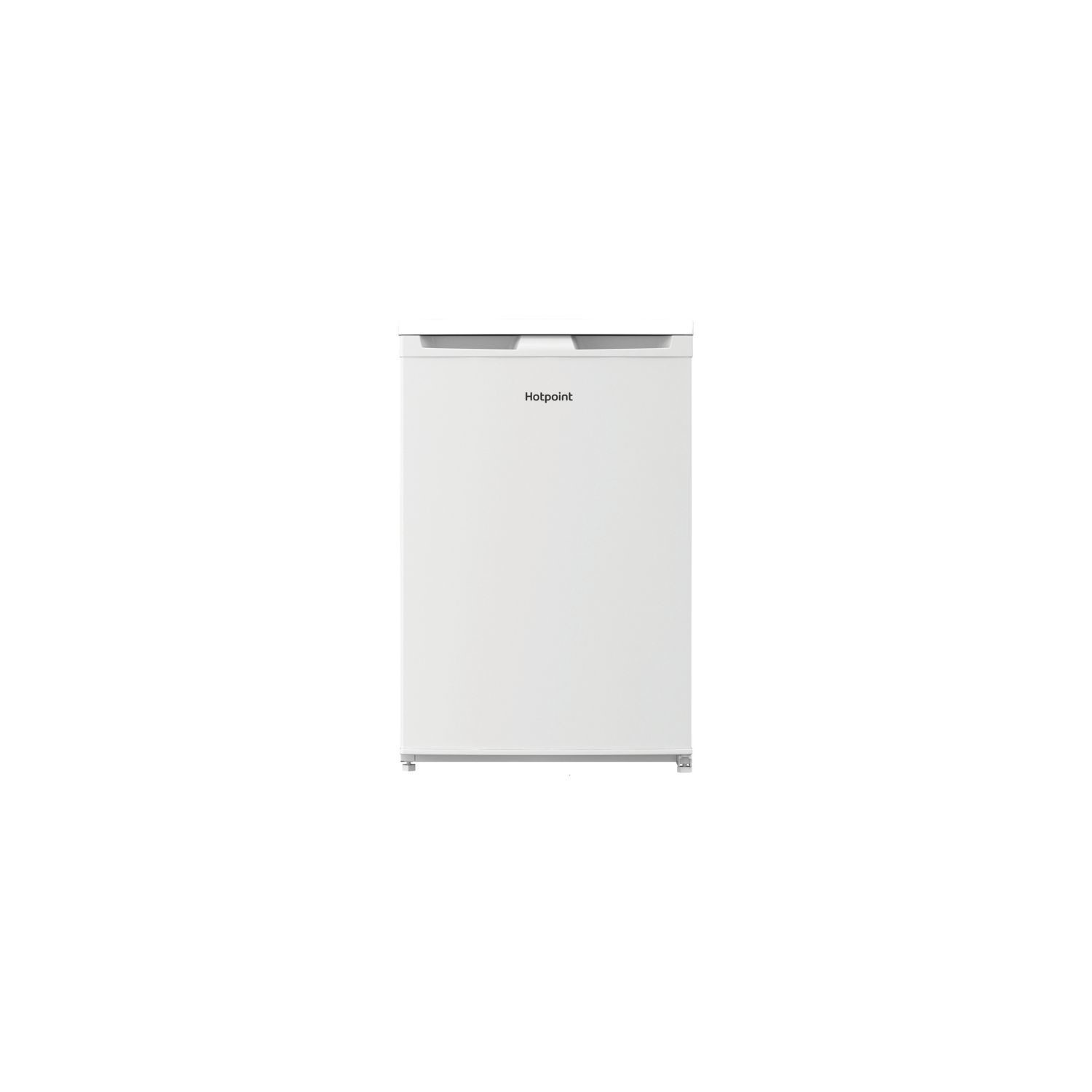 Freestanding under counter larder fridge in white, featuring a sleek design, smooth surface, and Hotpoint branding on the front. Ideal for compact spaces with a 128-litre capacity.