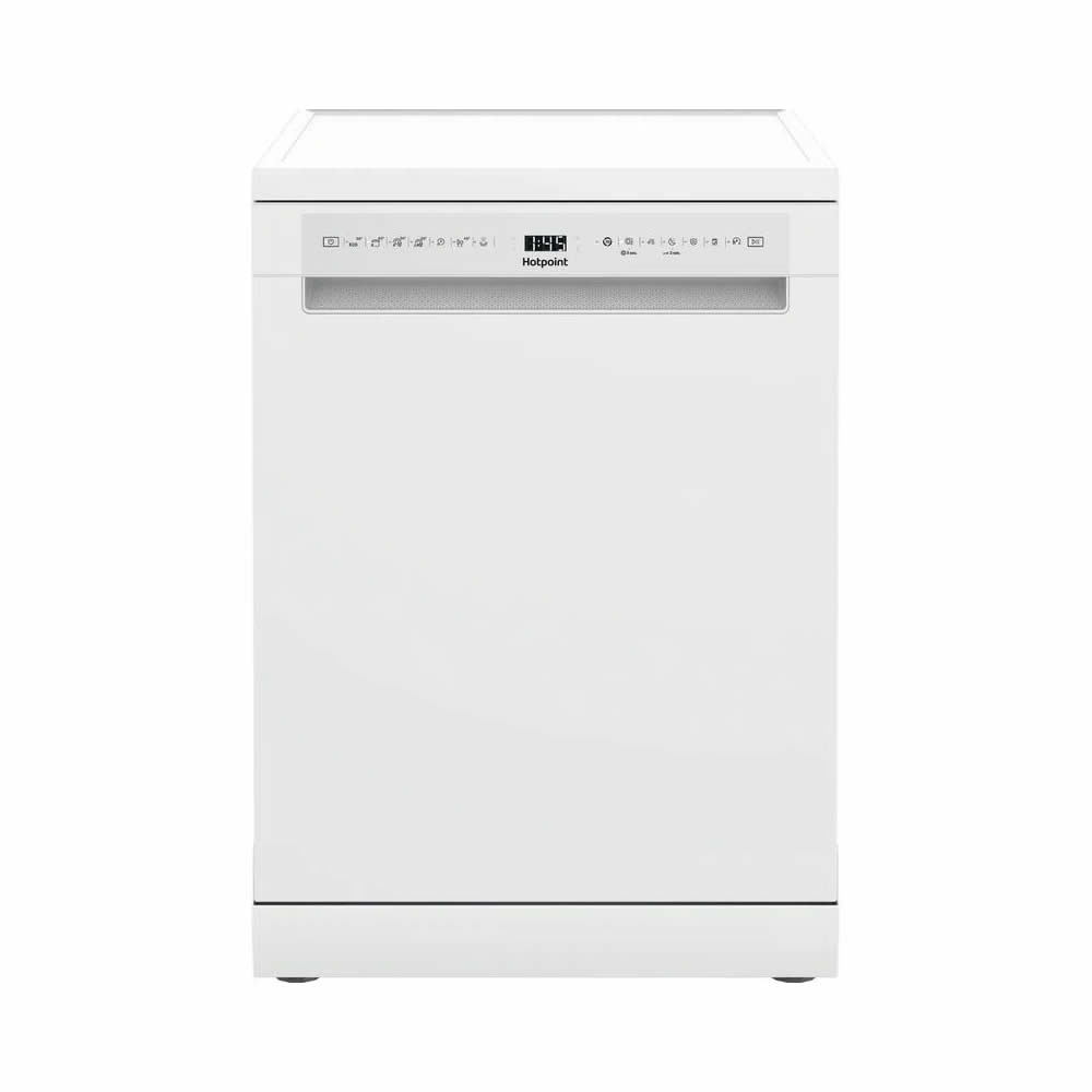 Freestanding white Hotpoint Maxi Space Dishwasher featuring a sleek design, B-rating, ActiveDry technology, and capacity for 15 place settings.