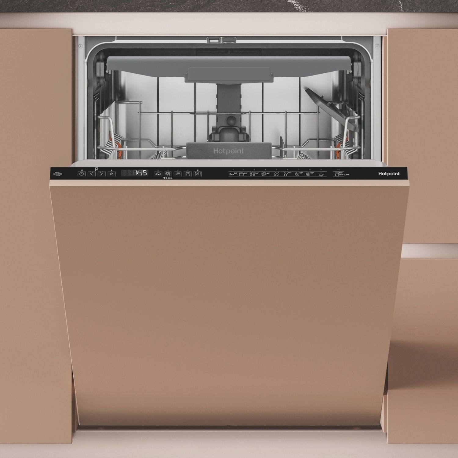 Integrated black Hotpoint Maxi Space dishwasher with a sleek control panel, featuring a spacious interior and modern design, seamlessly blending into kitchen cabinetry.