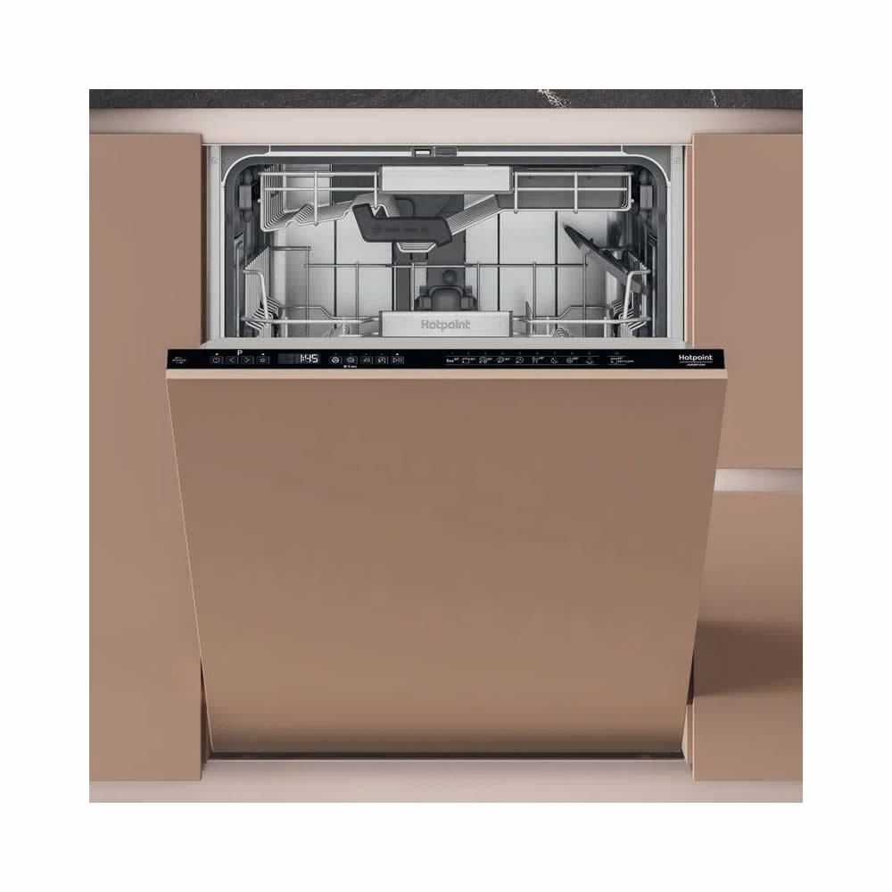 Fully integrated Hotpoint H7IHP42LUK dishwasher in a sleek beige finish, featuring a pull-down front panel, digital control buttons, and spacious interior for 15 place settings.