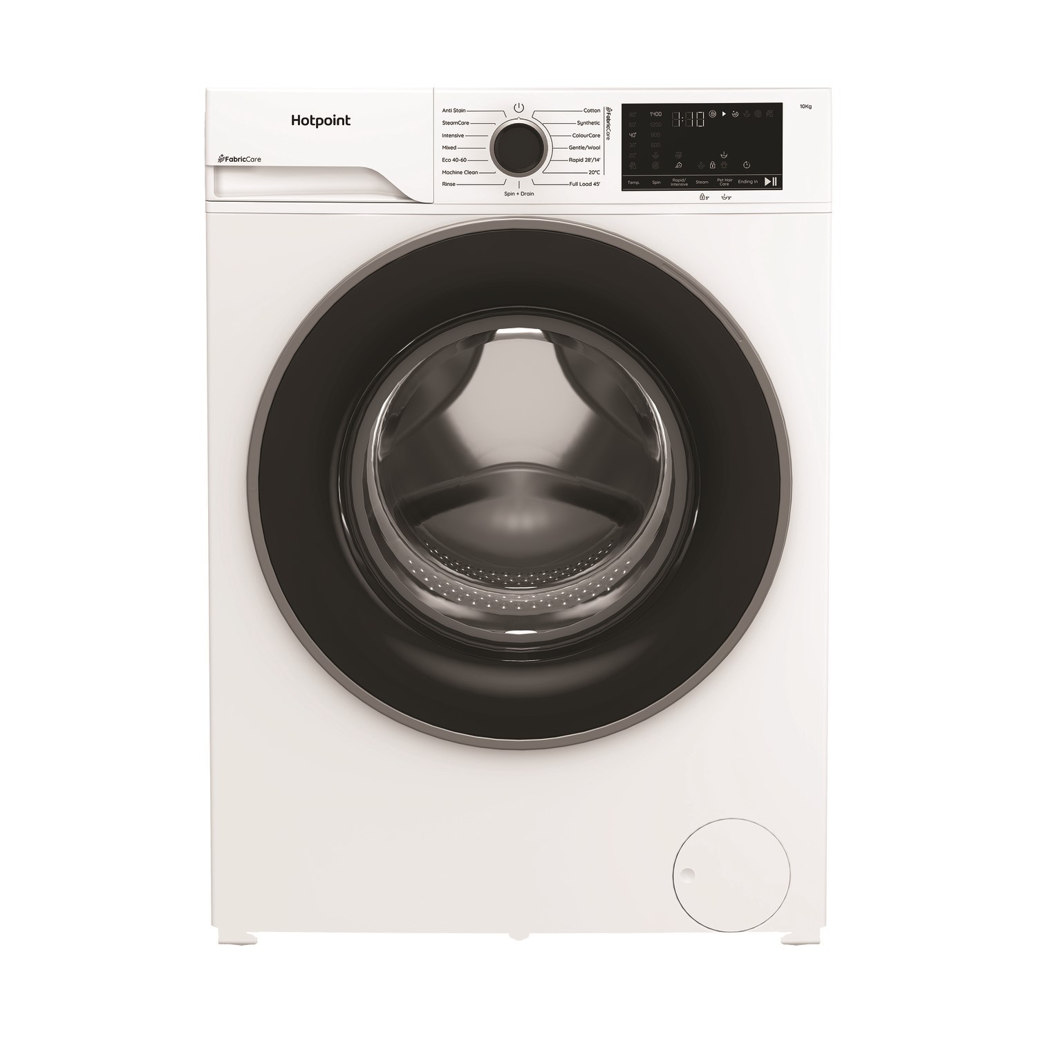 White Hotpoint FabricCare washing machine with a large transparent door, digital display, control dial, and a 10kg capacity, featuring a sleek and modern design.