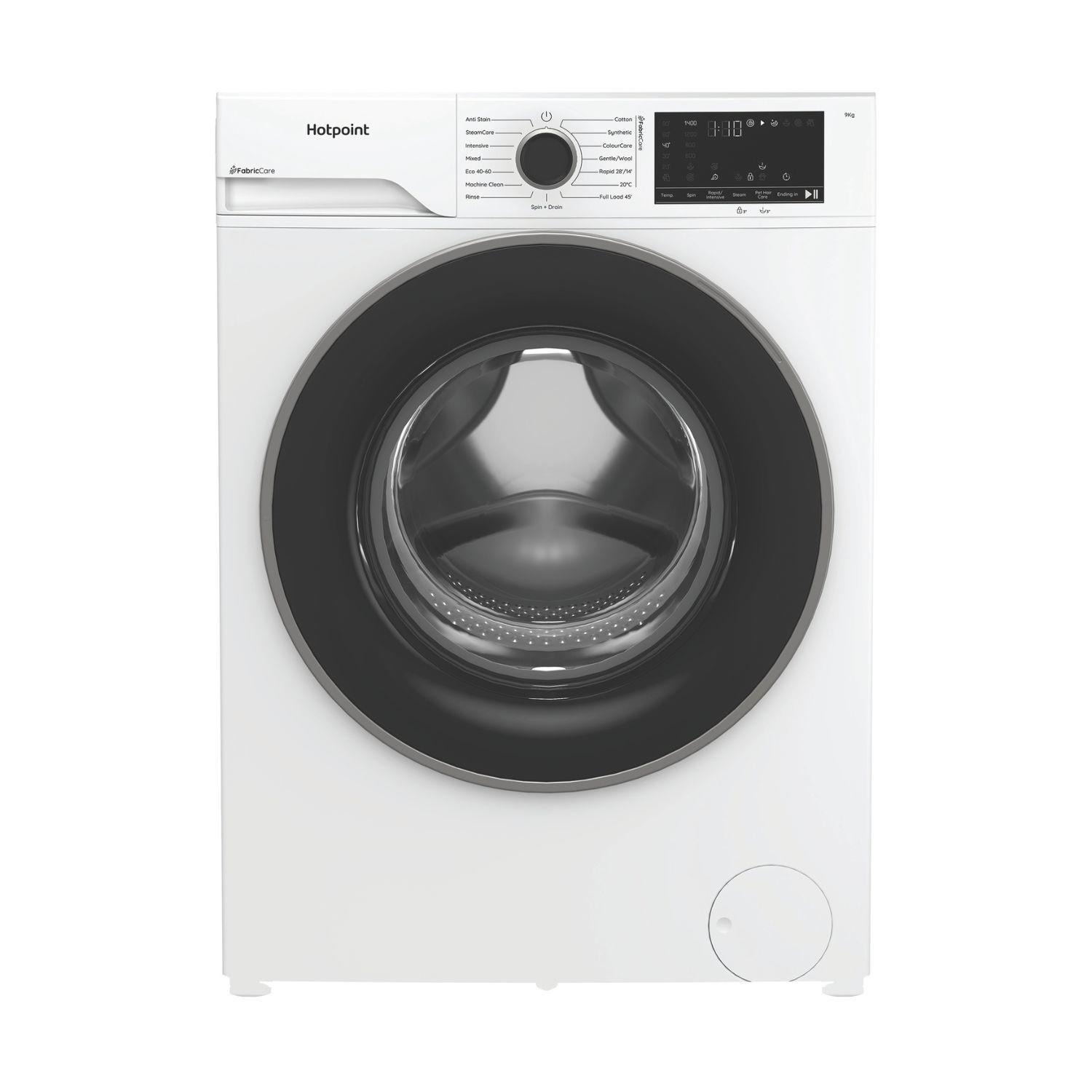 White Hotpoint FabricCare washing machine with a 9kg capacity, 1400rpm spin speed, a large circular door, and a digital control panel featuring various wash settings.