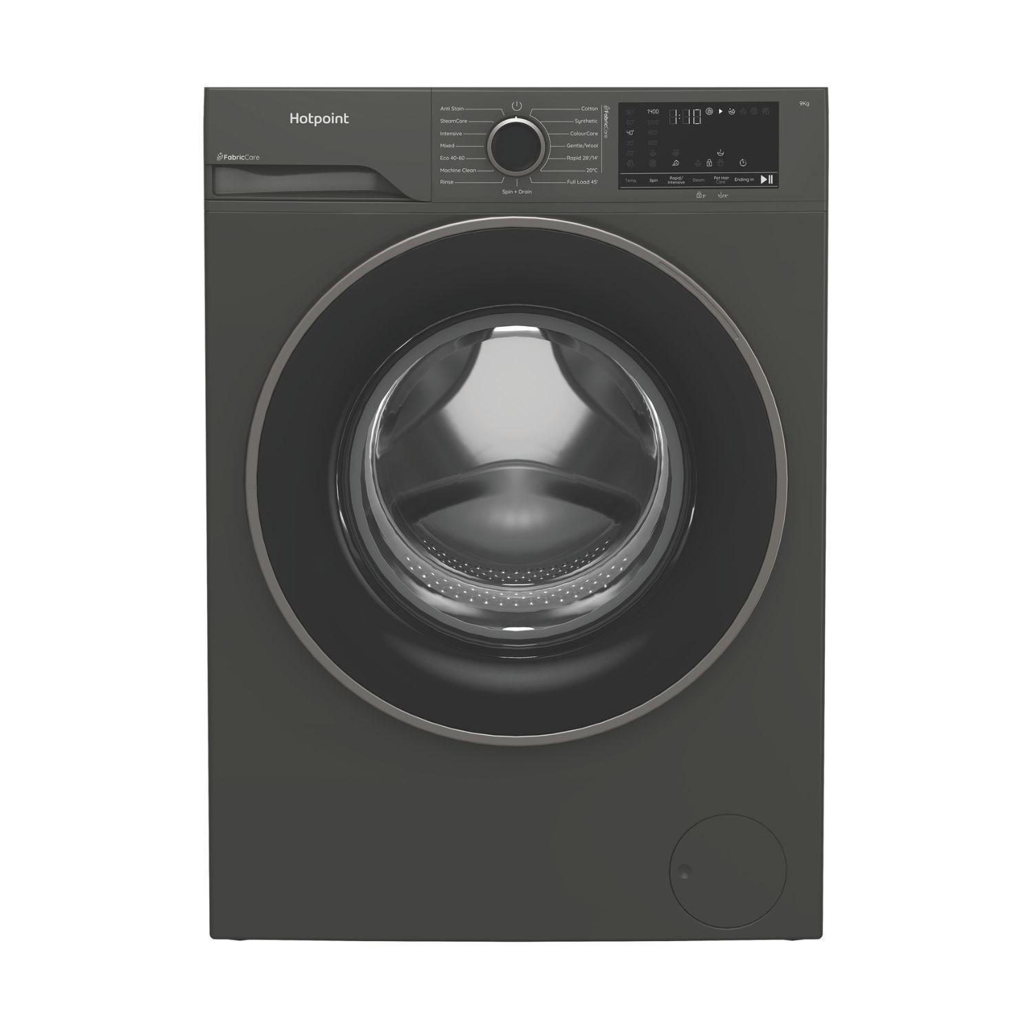 Hotpoint FabricCare 9kg washing machine in graphite, featuring a large front-loading door, digital control panel, and a 1400rpm spin speed, designed for quiet operation and energy efficiency.