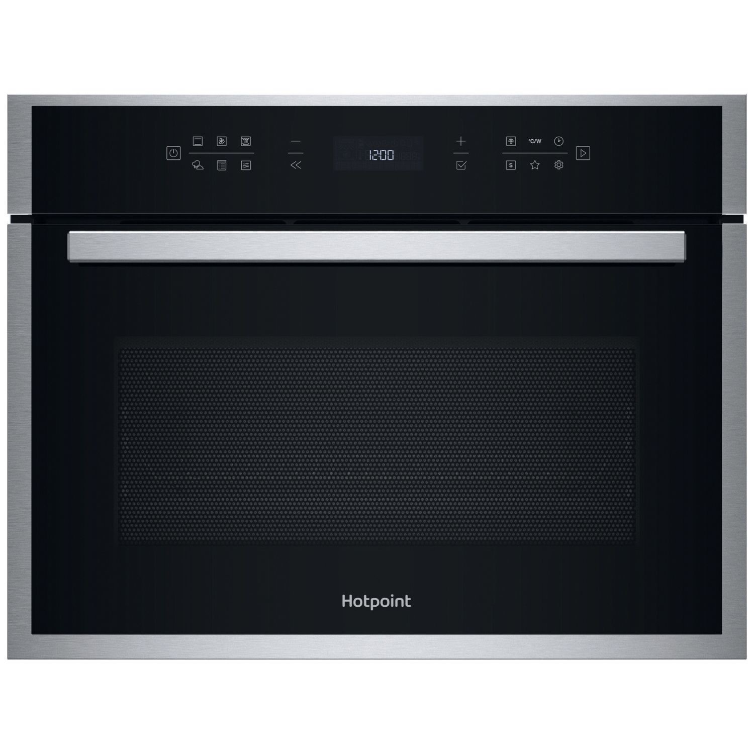 Stainless steel built-in compact combination microwave oven with a sleek black front, digital control panel, and a prominent Hotpoint logo at the bottom.
