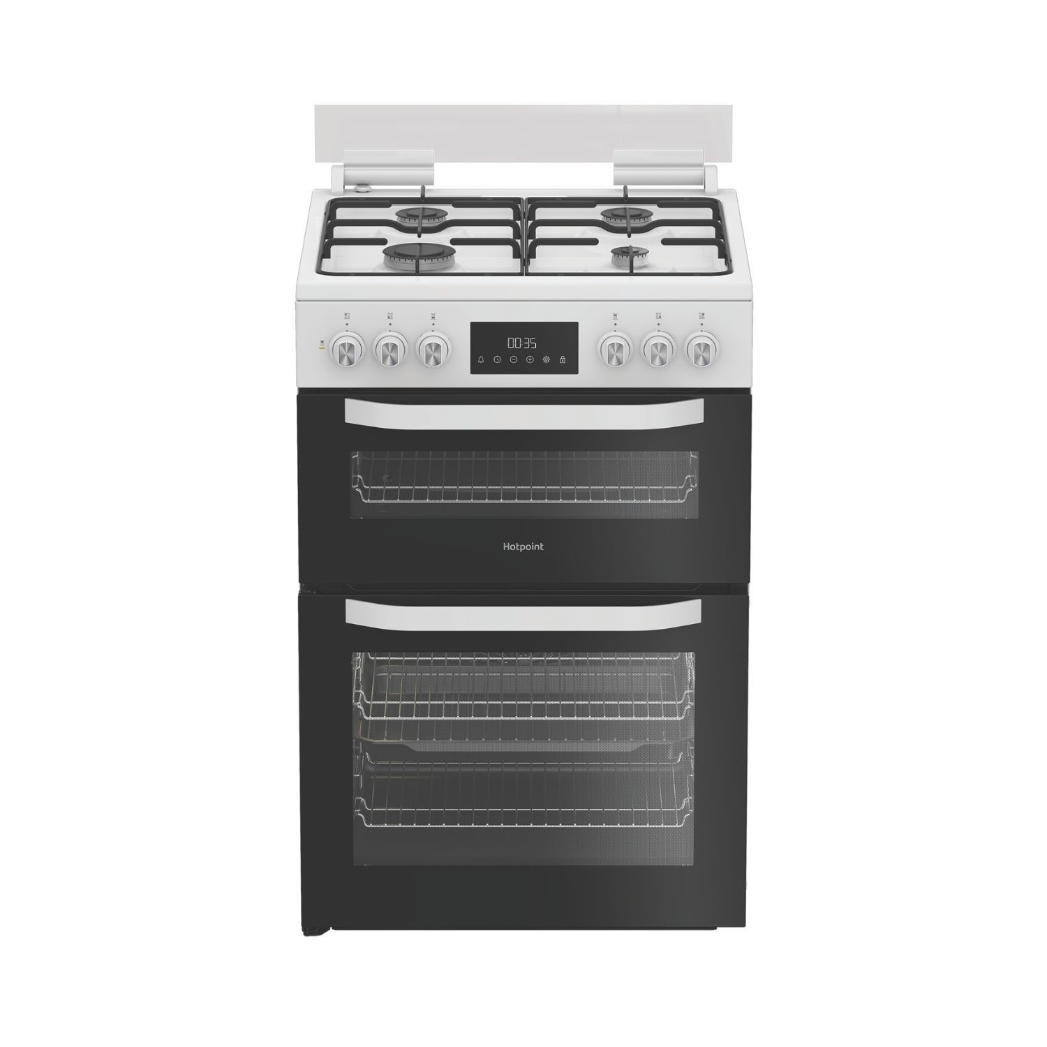 Hotpoint 60cm dual fuel cooker in white with a glass lid, featuring four gas burners, a digital display, and two black oven compartments with transparent doors.