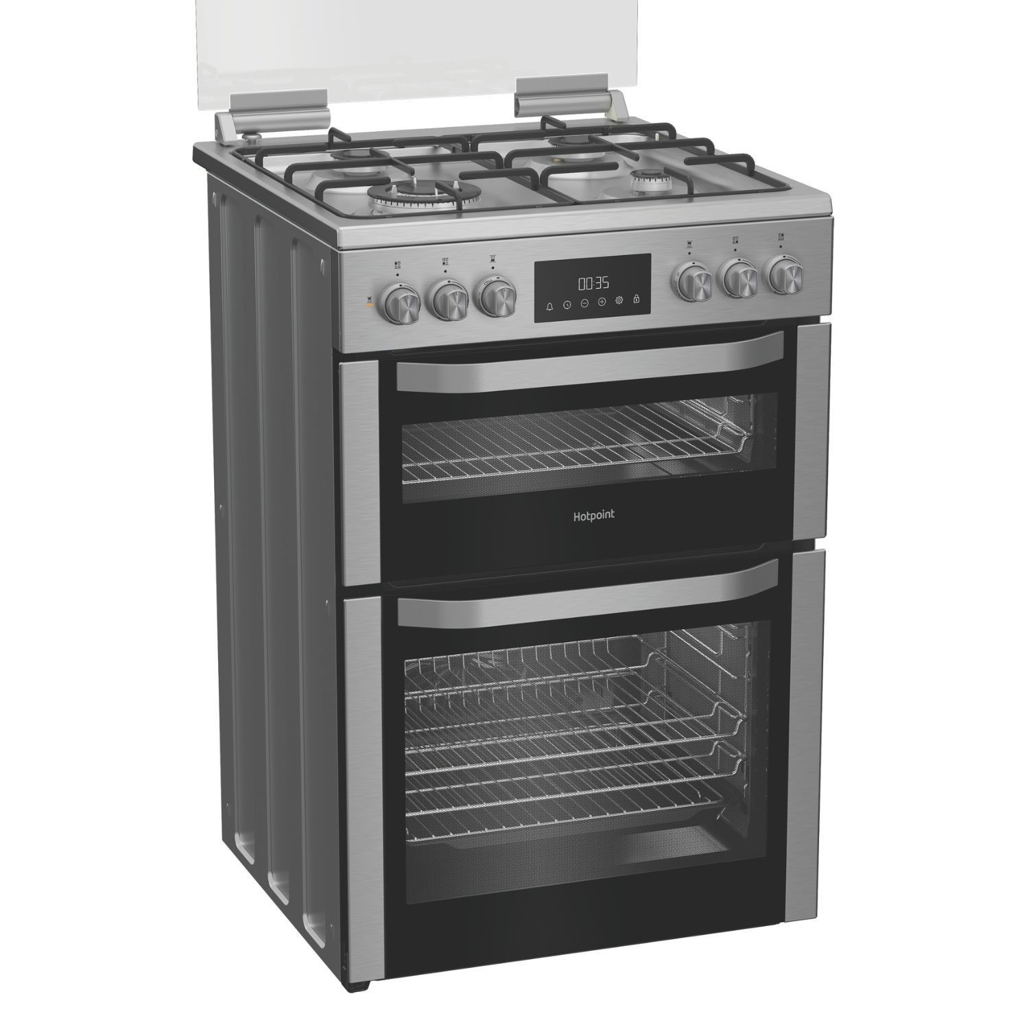 Hotpoint HDD6GDC2WX Stainless Steel 60cm Dual Fuel Freestanding Double Cooker With Glass Lid - image 2