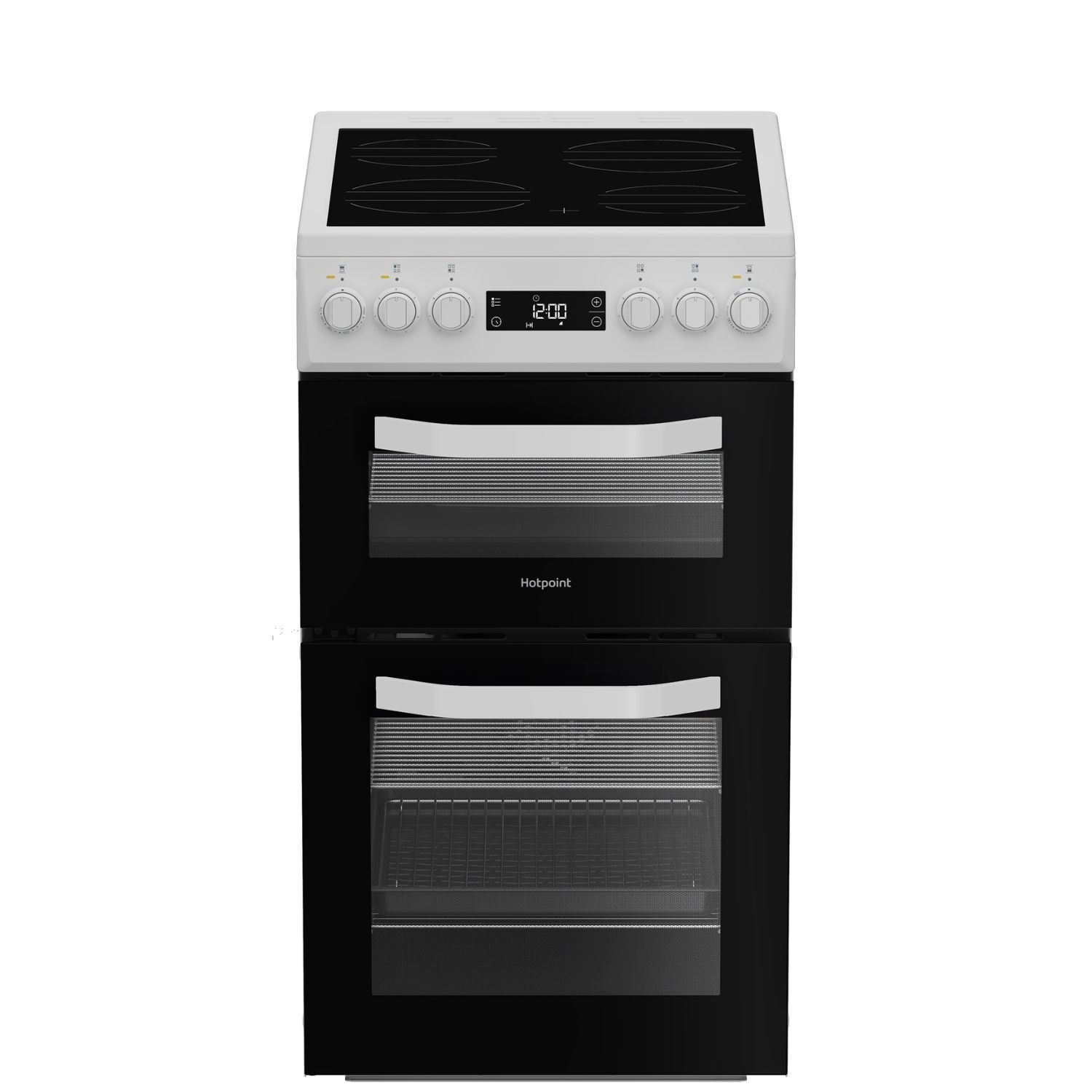 White 50cm electric cooker by Hotpoint featuring a black double oven design, four ceramic cooking zones on top, and control knobs for easy temperature adjustments.