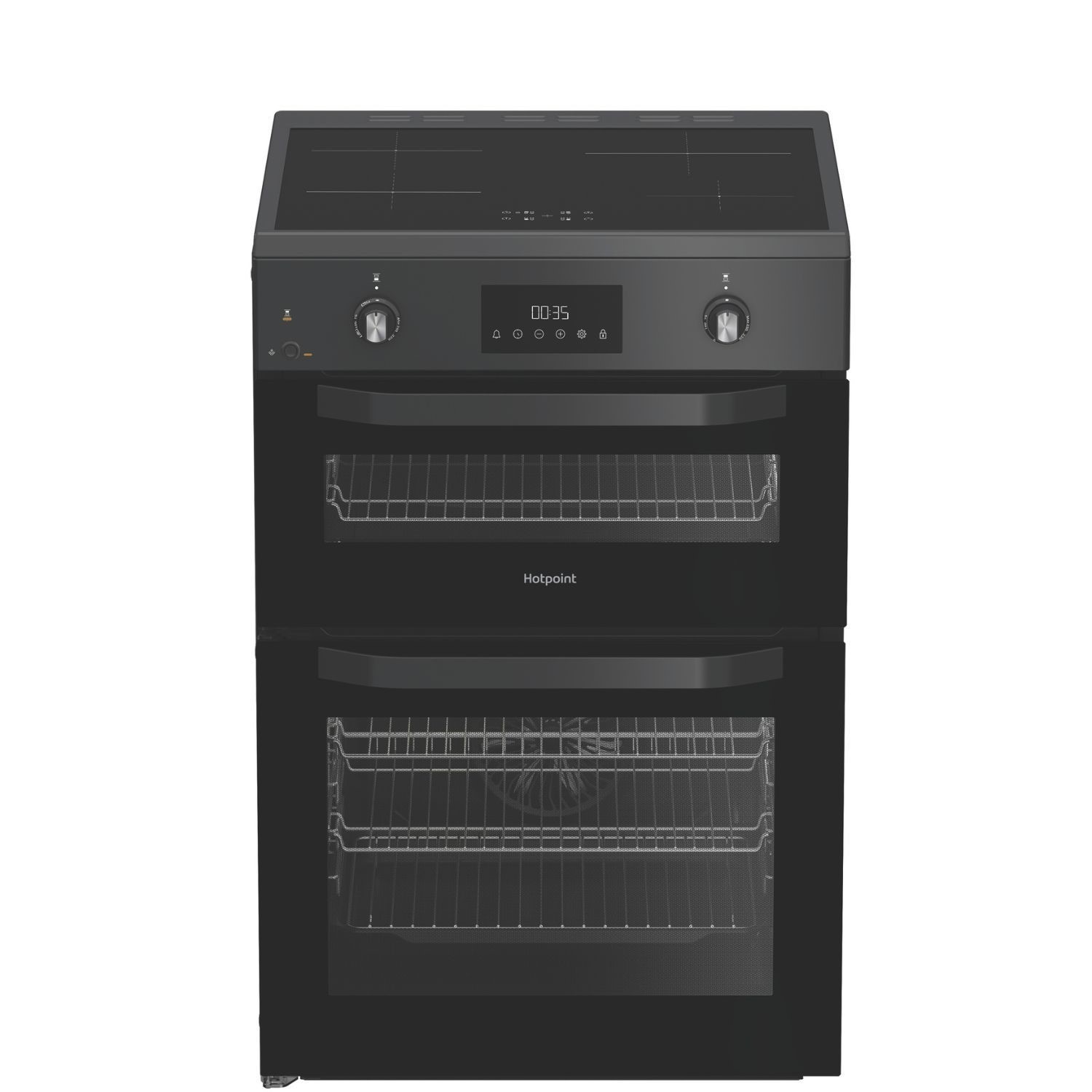 Hotpoint HDE6IDC2SA 60cm electric double cooker in anthracite, featuring an induction hob, two glass-fronted ovens, and control knobs on the top panel.