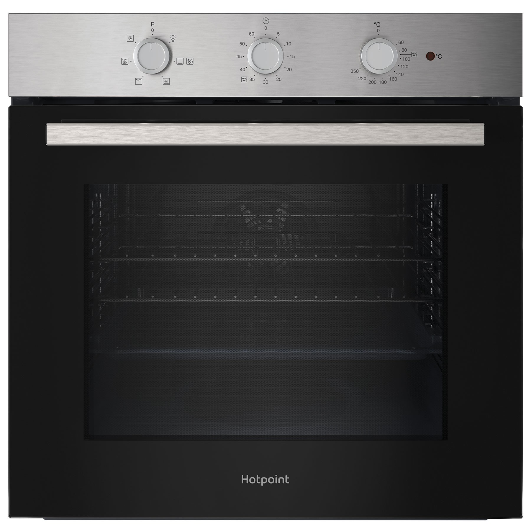 Built-in electric single oven with a stainless steel front, black glass door, three control knobs, and a spacious 71L interior.