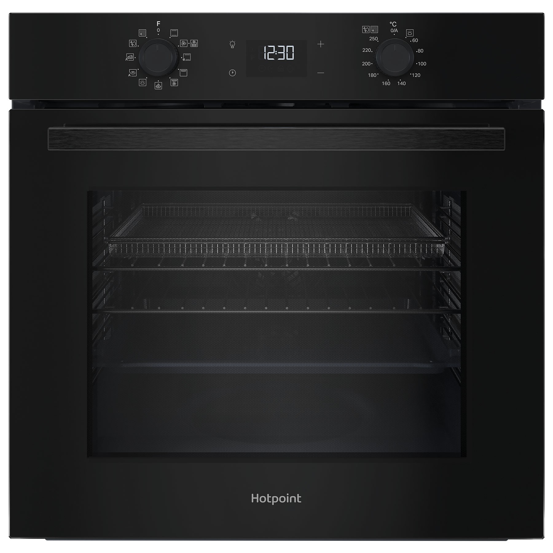 Black built-in electric single oven with air fry feature, glass door, digital display, and control knobs on top for temperature and cooking settings.