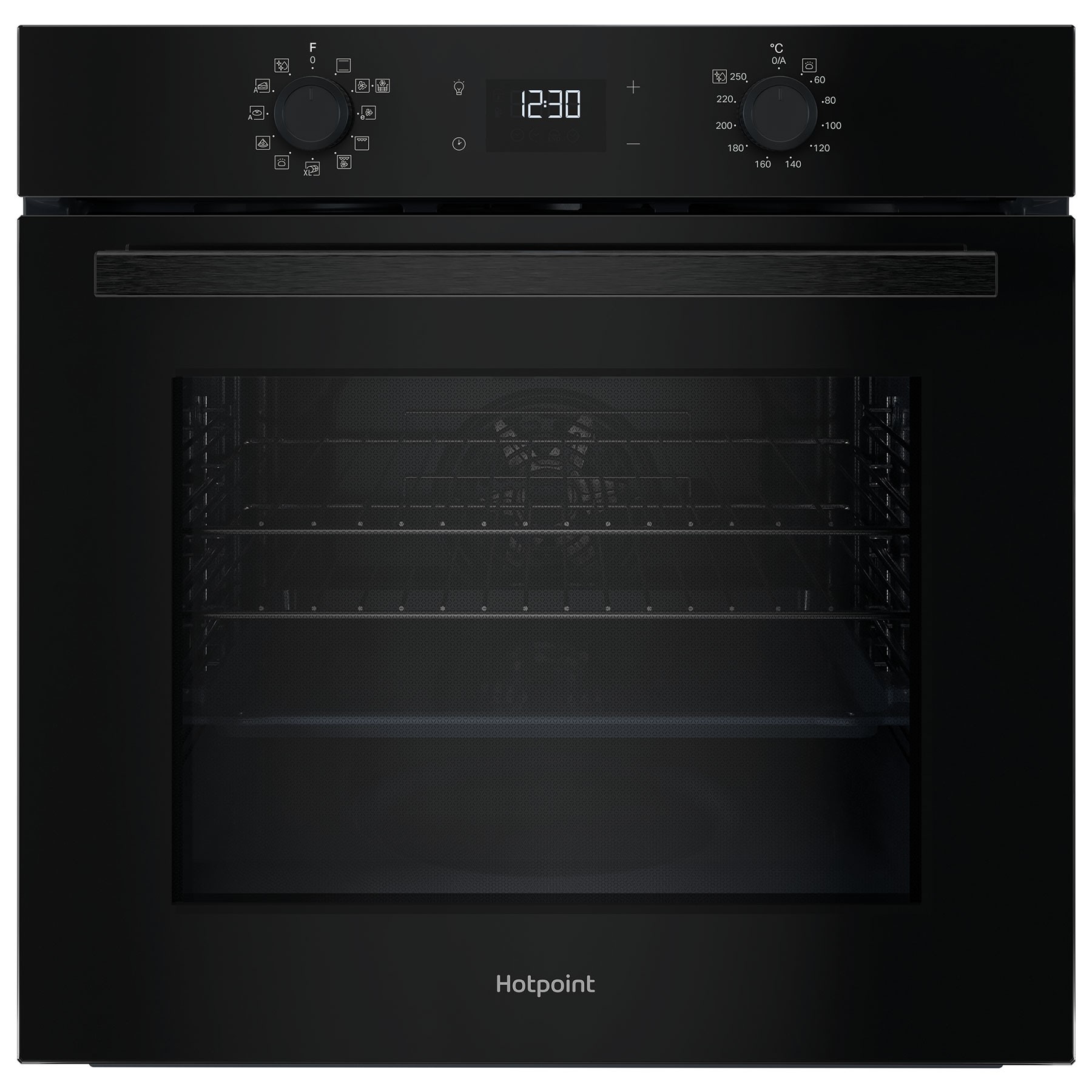 Black Hotpoint HO458HB built-in electric single oven with a 71L capacity, featuring a glass door, digital display, and control knobs for temperature and timer settings.