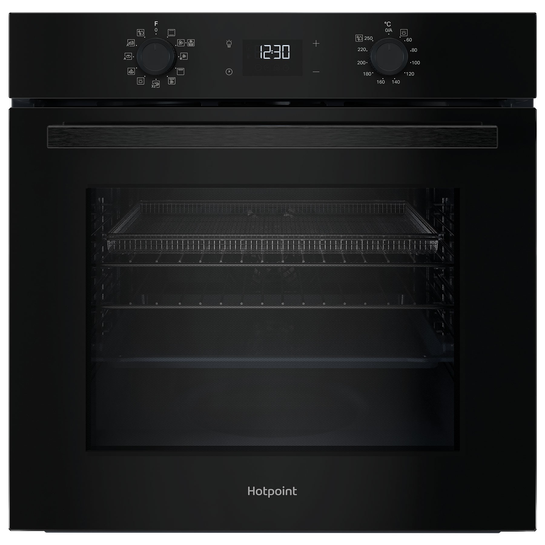 Black electric fan-assisted single oven with a glass front, digital display, and control knobs on top, featuring multiple cooking functions including air fry.