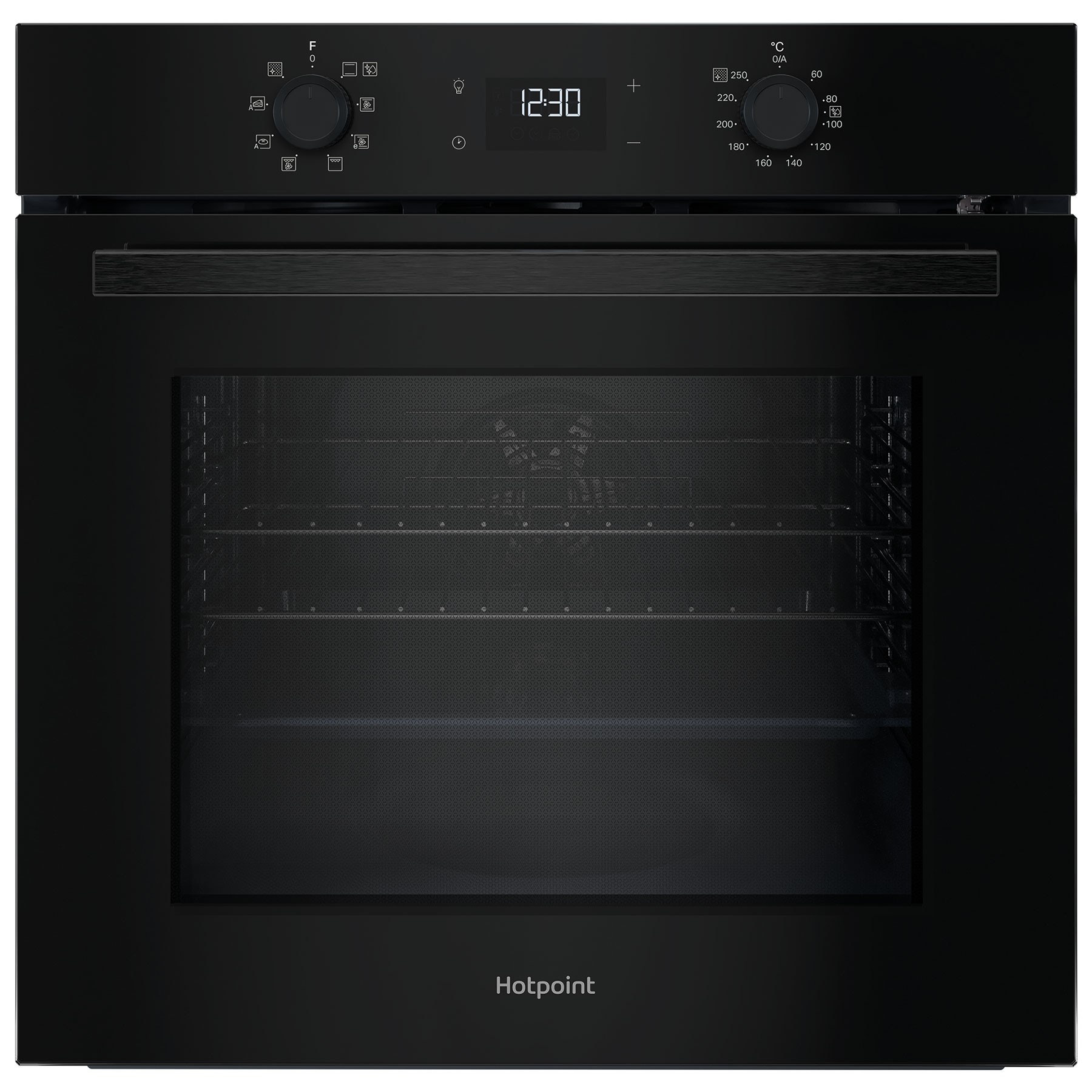 Black built-in electric single oven with a 71L capacity, featuring a glass door, digital display, and control knobs for temperature and timer settings.