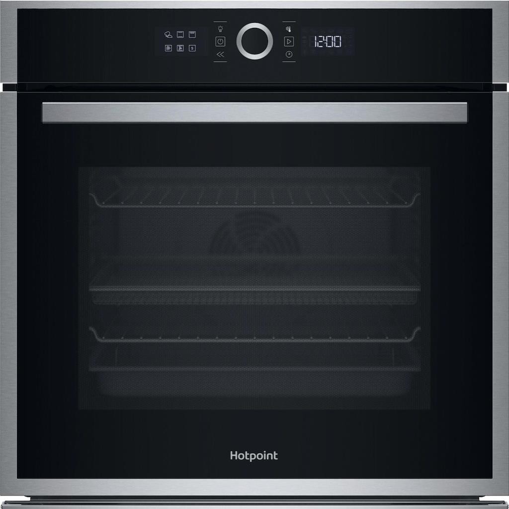 Stainless steel Hotpoint Class 4 HOI4S8HM0XUK fan oven features a sleek black glass door, digital display, and air fry functionality with two internal shelves.