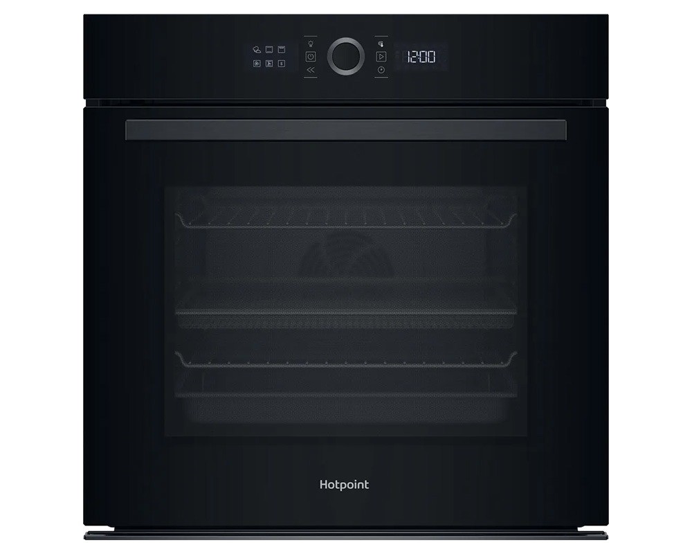 Built-in electric single oven in sleek black finish, featuring a large 73L capacity, digital control panel, and glass door with interior racks for easy viewing.