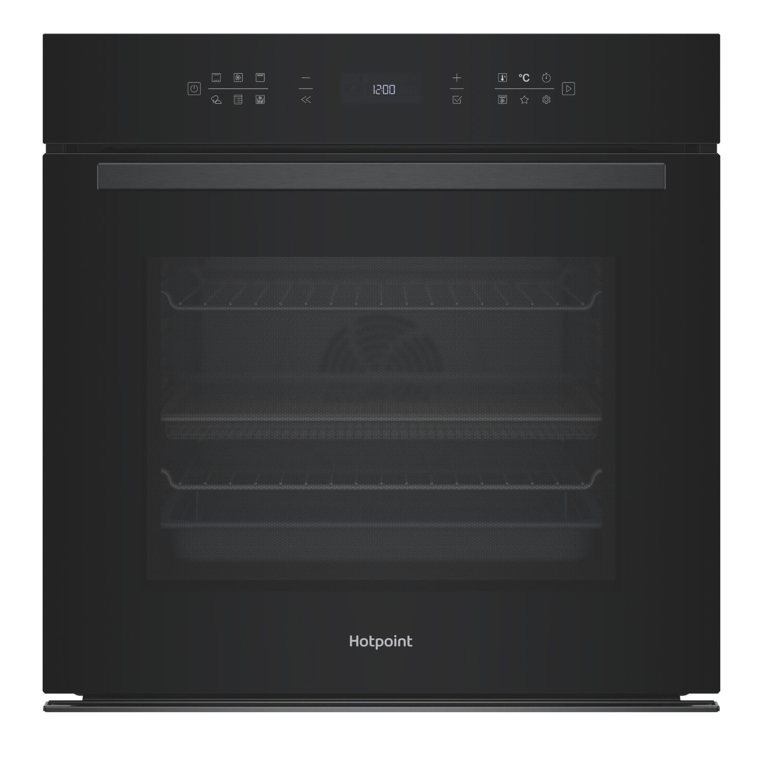 Black electric multifunction single oven with air fry feature, featuring a sleek glass door, digital control panel, and two interior racks for versatile cooking options.