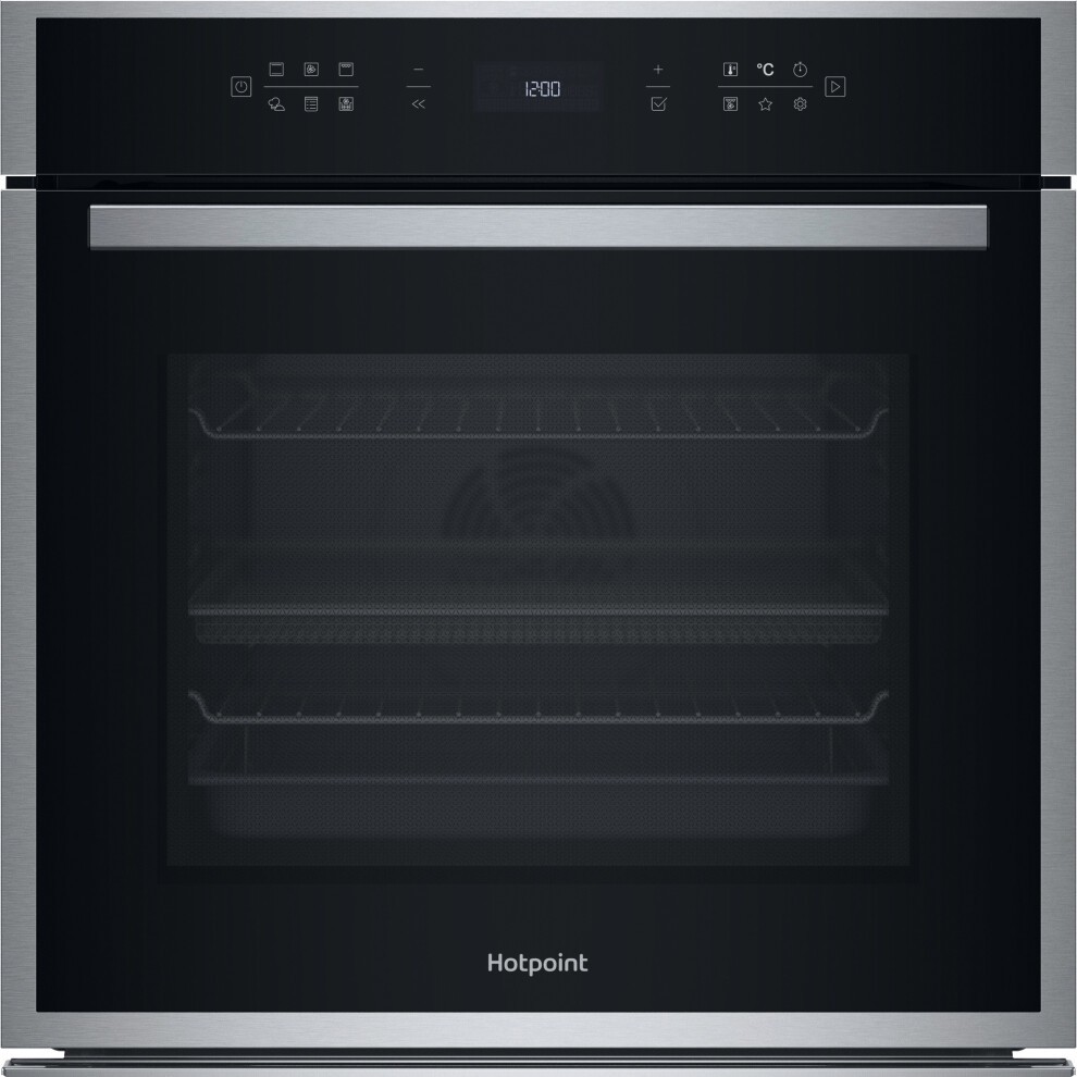 Hotpoint Class 6 HOI68CT0SXUK electric multifunction single oven in stainless steel with a black glass front, featuring digital controls and two interior racks.
