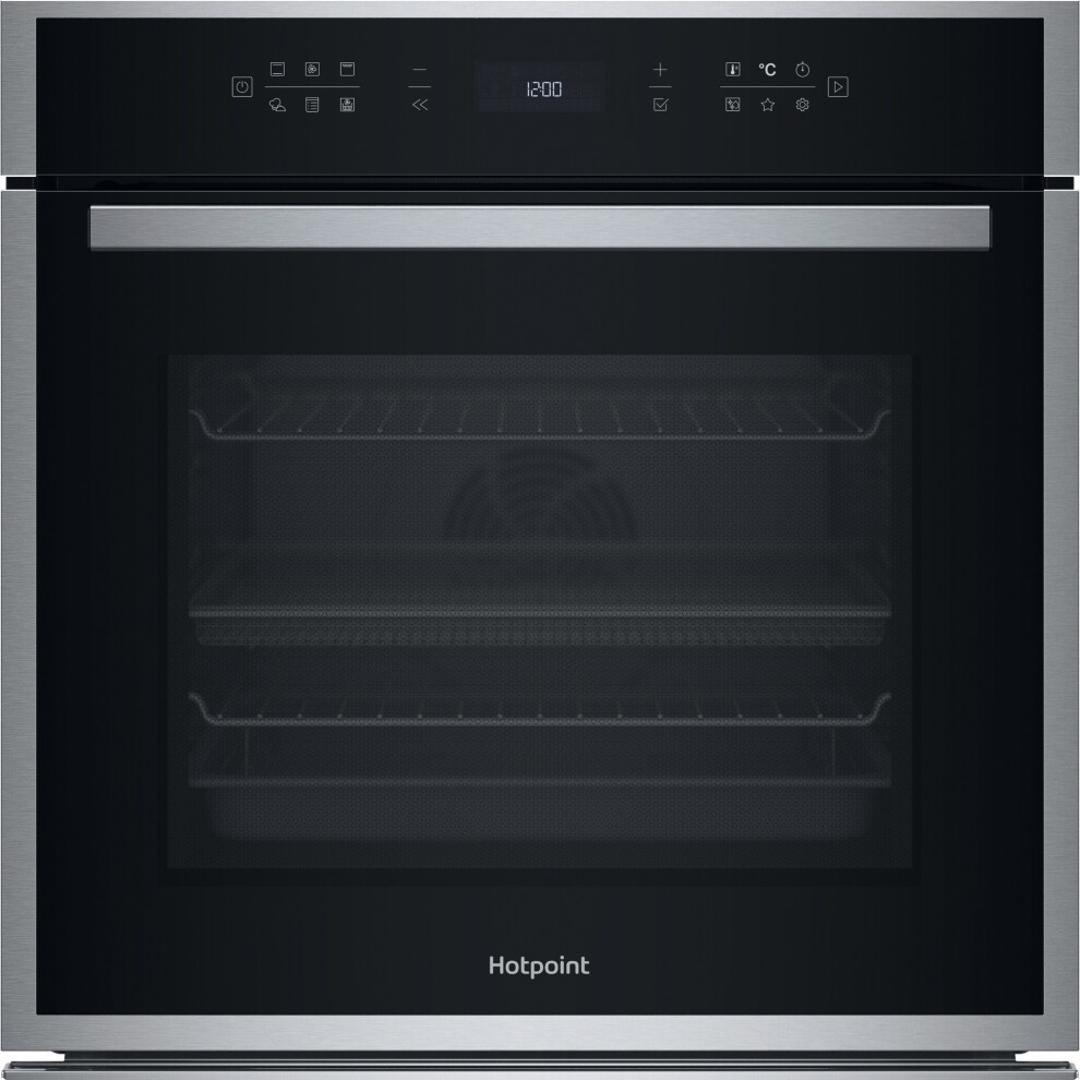 Hotpoint Class 6 HOI68HT0SXUK electric multifunction single oven in stainless steel with a black glass door, featuring digital controls and air fry capability.