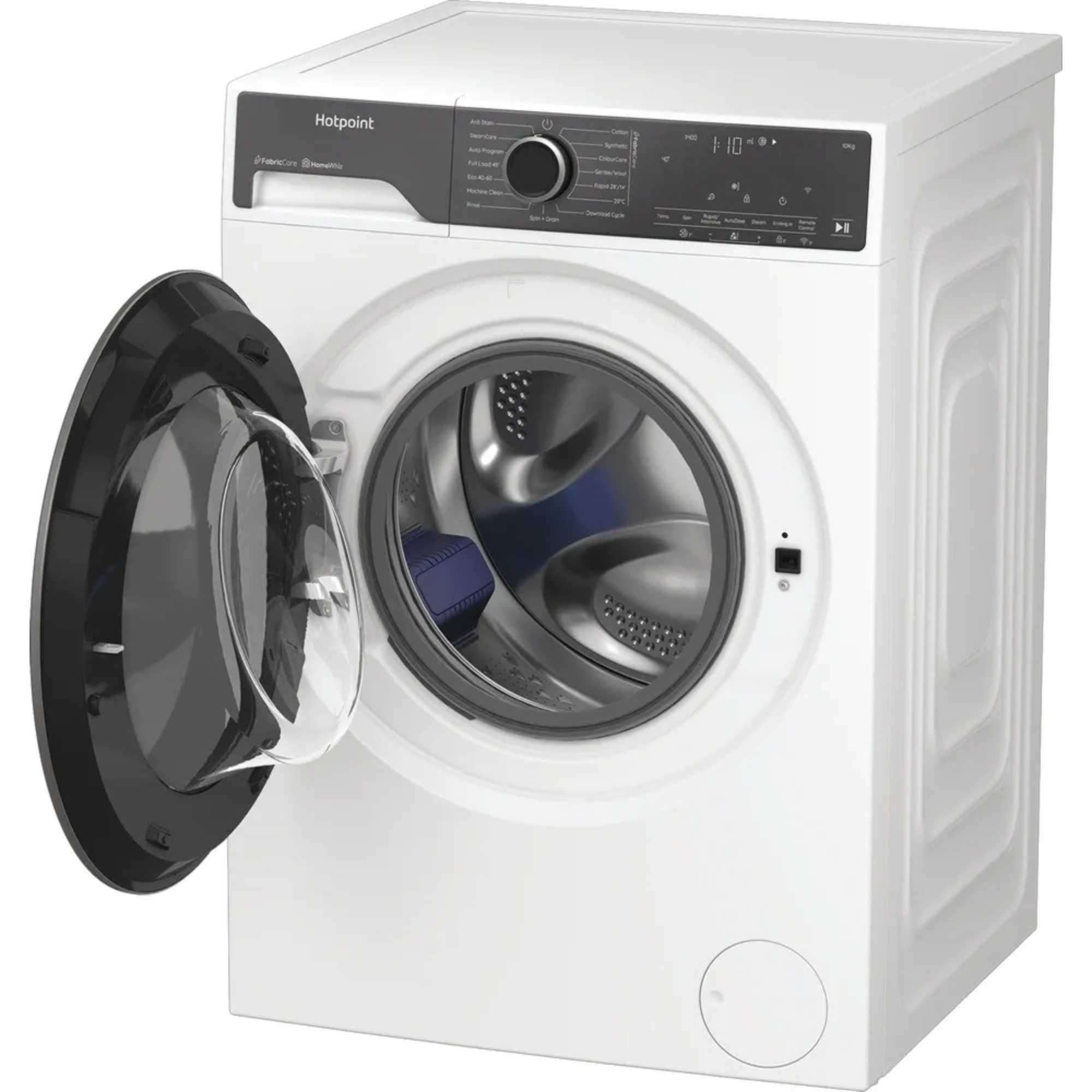 Freestanding white washing machine with a graphite door, 10kg capacity, 1400rpm spin speed, and AutoDose feature, showcasing a transparent front door and control panel.