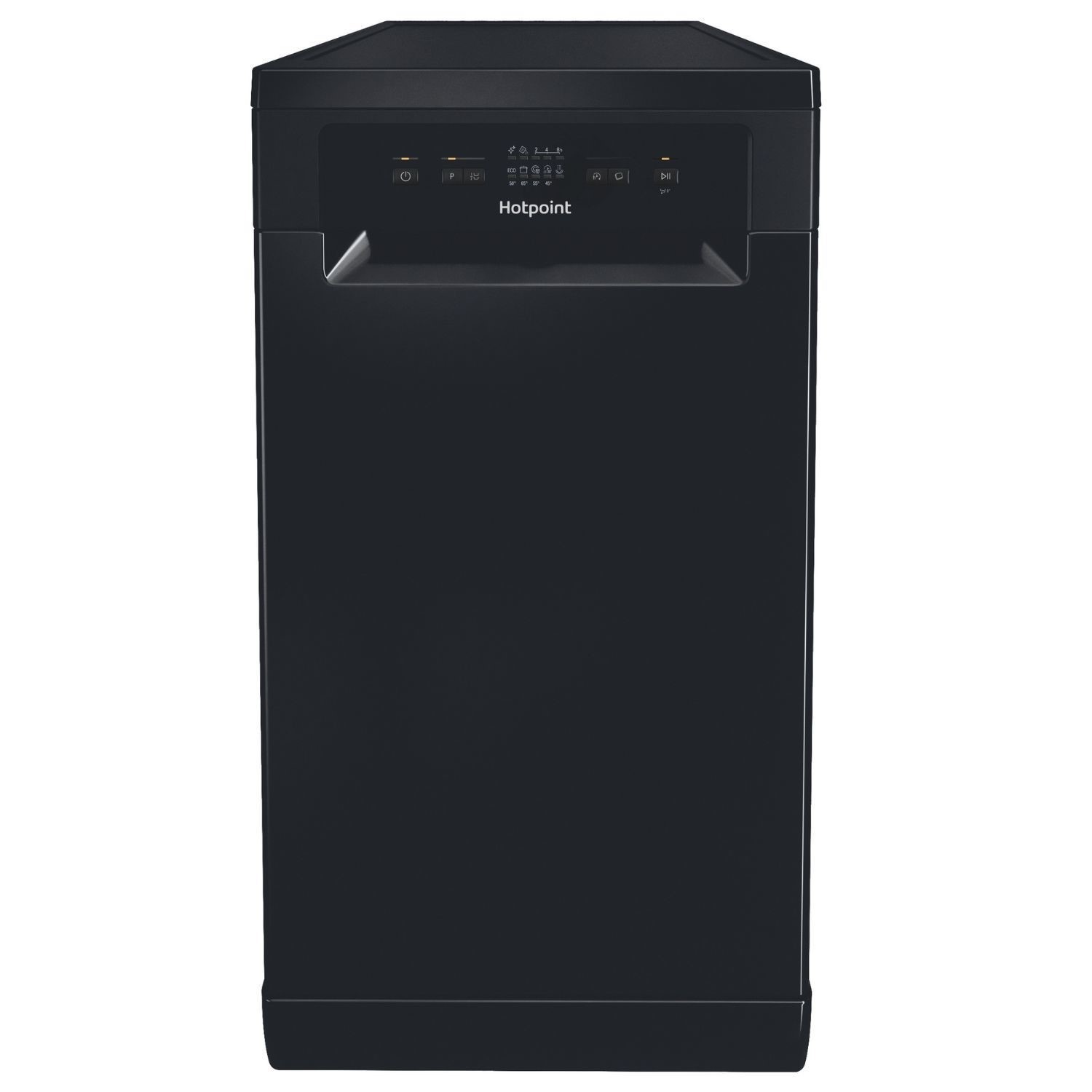 Hotpoint freestanding slimline dishwasher in sleek black finish, 45cm wide, featuring a control panel with buttons and indicators for 10 place settings and quick wash functionality.