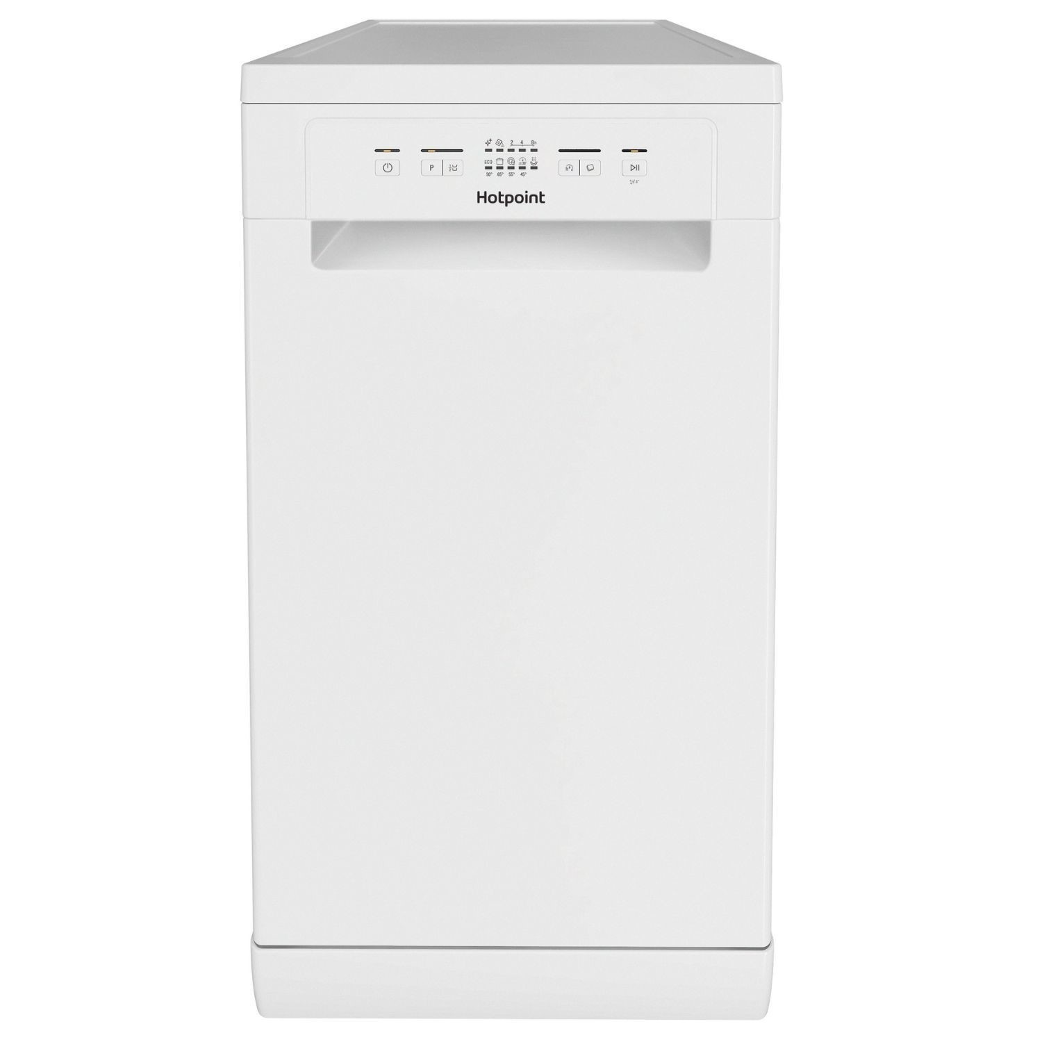 White freestanding slimline dishwasher with adjustable baskets and control panel on top, featuring quick wash option and a sleek, modern design.