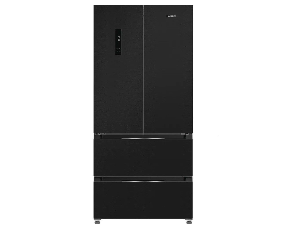Black dual No Frost American fridge freezer with a sleek design, featuring a digital control panel, two doors, and two spacious drawers at the bottom for ample storage.