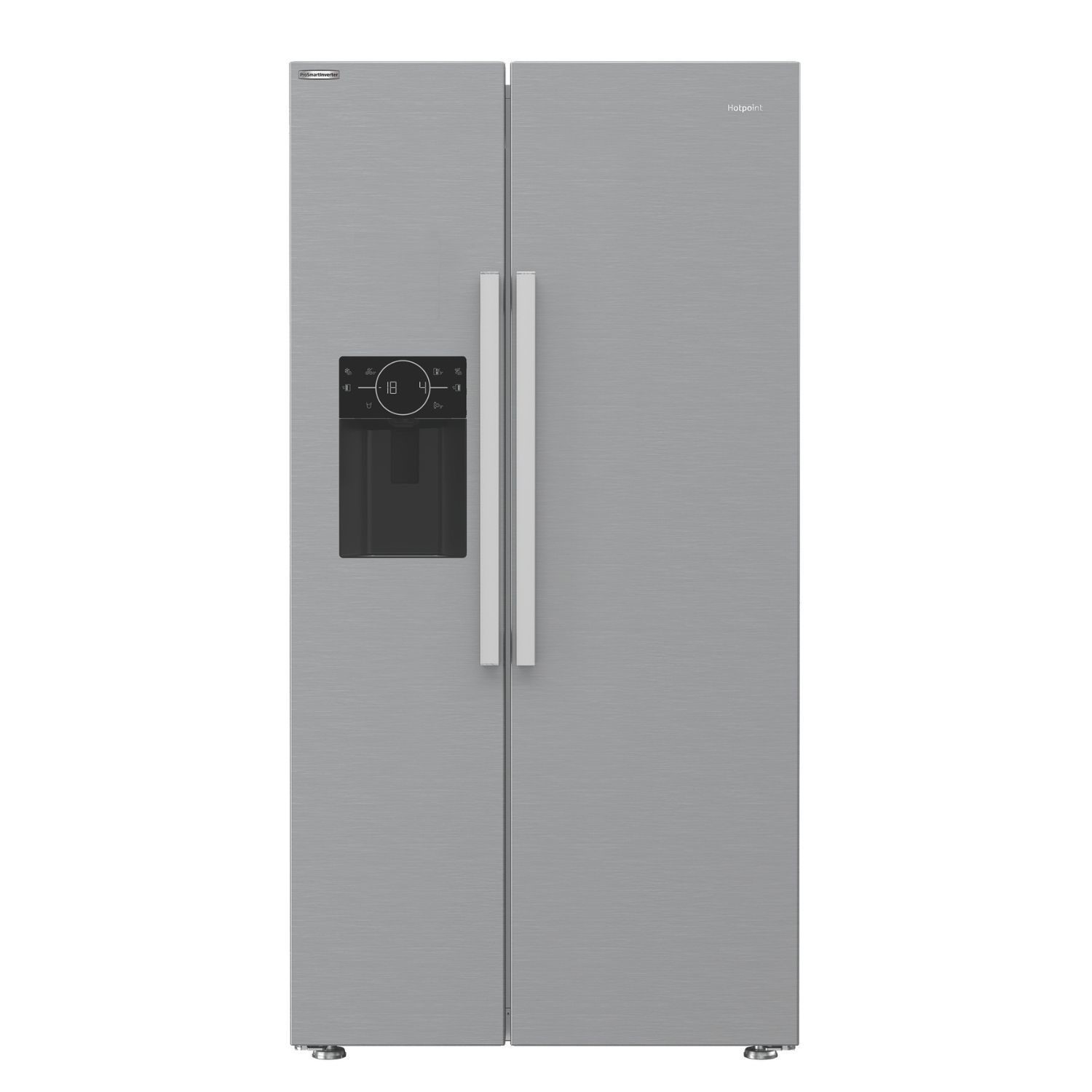 Stainless steel Hotpoint side-by-side American fridge freezer with a sleek design, featuring a digital control panel and water dispenser on the front.
