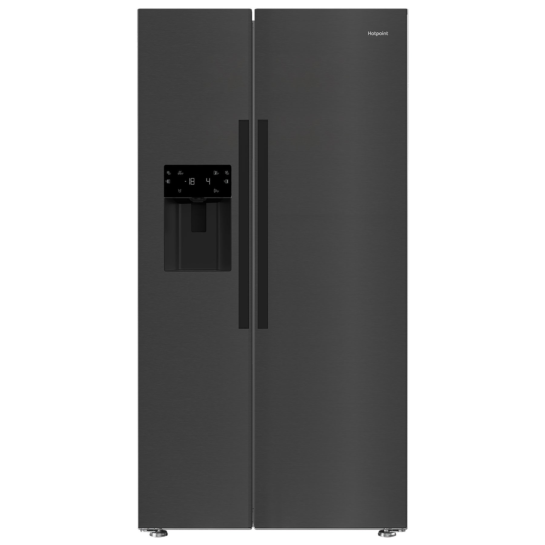 Hotpoint 571 Litre Side by Side American Fridge Freezer in sleek inox finish, featuring a digital control panel, water dispenser, and minimalist black handles.