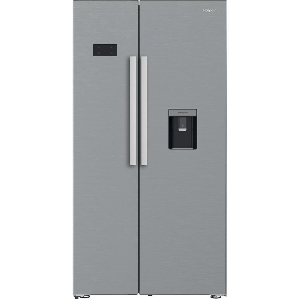 Stainless steel Hotpoint side-by-side American fridge freezer with a sleek design, featuring a water dispenser and digital control panel.