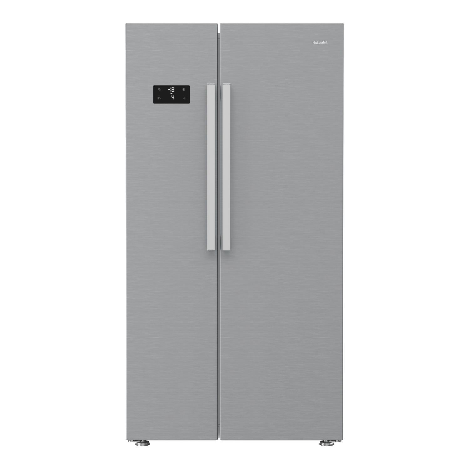 Stainless steel Hotpoint 593 Litre side-by-side American fridge freezer featuring a sleek design, digital display, and two vertical handles.