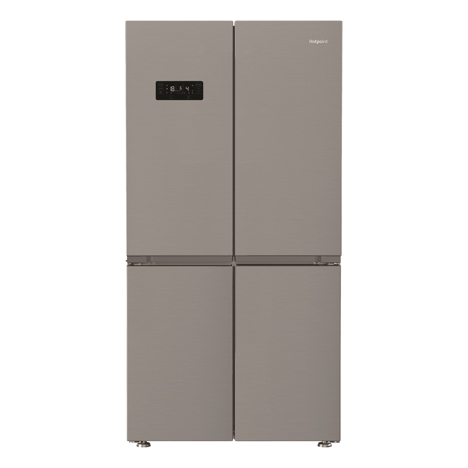 Four-door American fridge freezer in inox finish, featuring a sleek stainless steel design, digital control panel, and spacious 572-litre capacity.