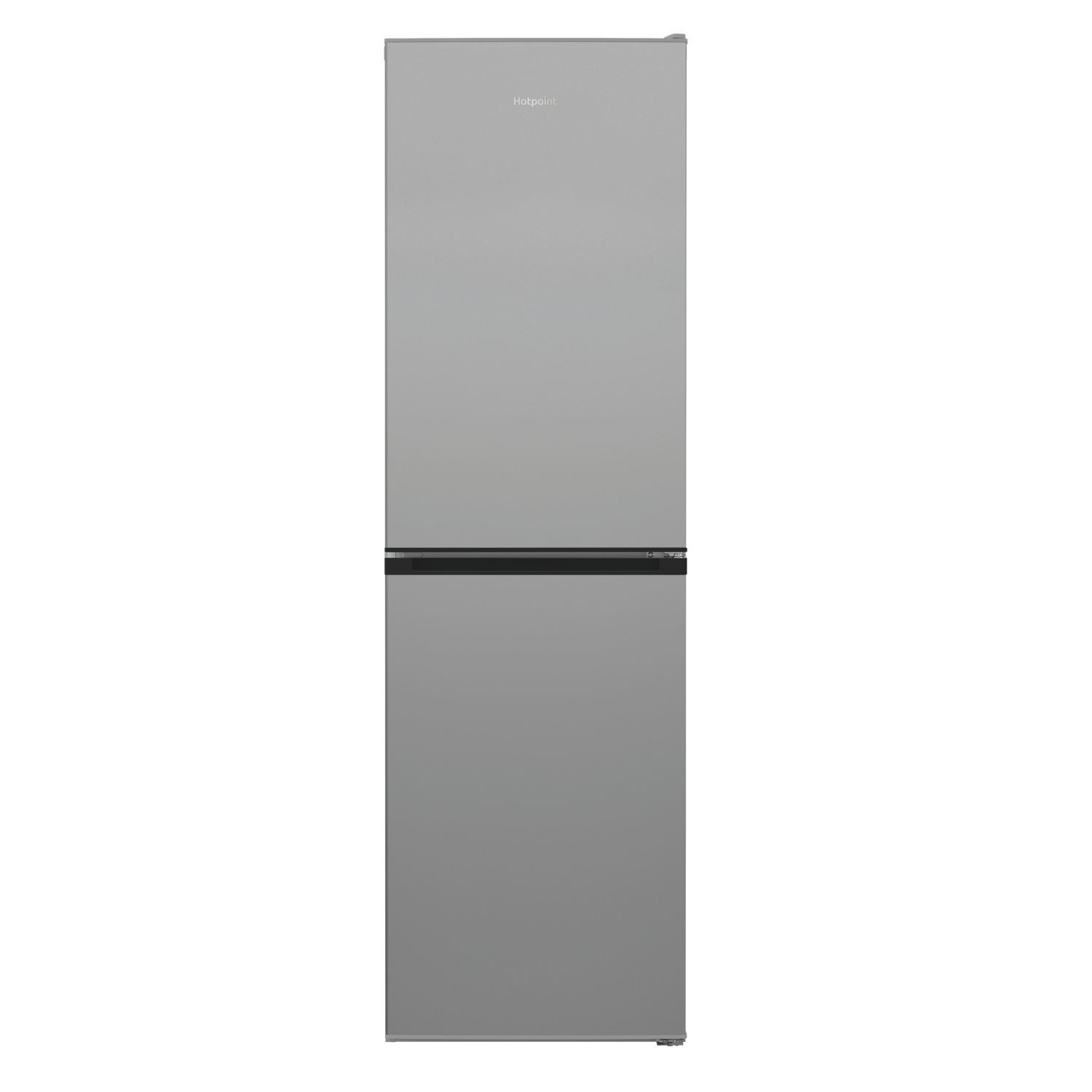 Freestanding silver fridge freezer with a sleek design, featuring a No Frost system, 50/50 split, and a black handle on the bottom door.