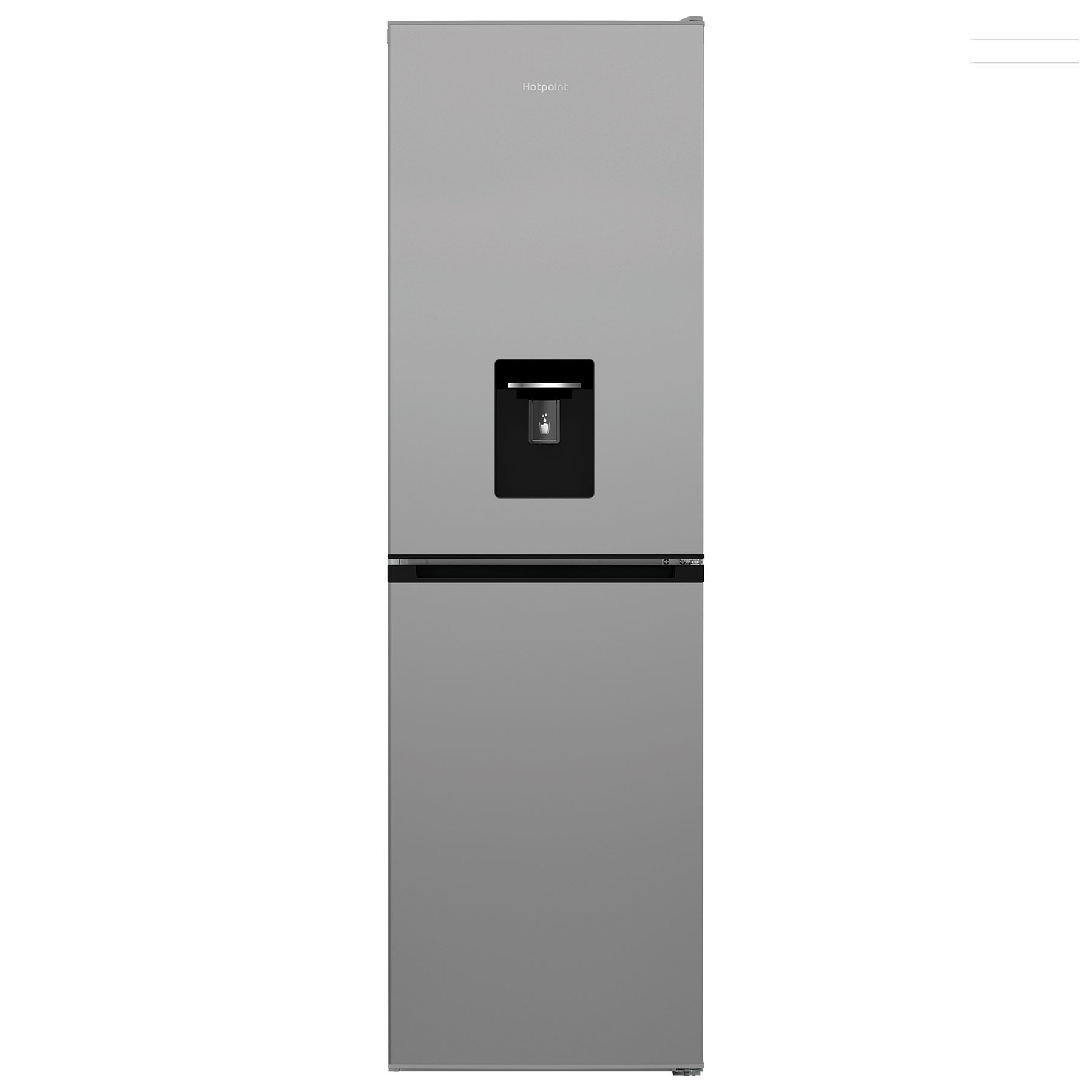 Silver 268-litre freestanding fridge freezer with a 50/50 split, featuring a sleek design, a water dispenser on the front, and a black handle.