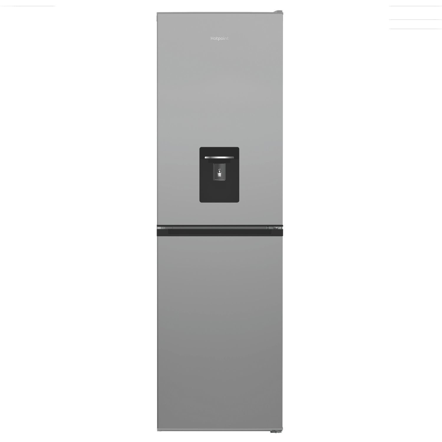 Silver 270-litre Hotpoint freestanding fridge freezer with a 50/50 split, featuring a water dispenser on the front and a sleek, modern design.