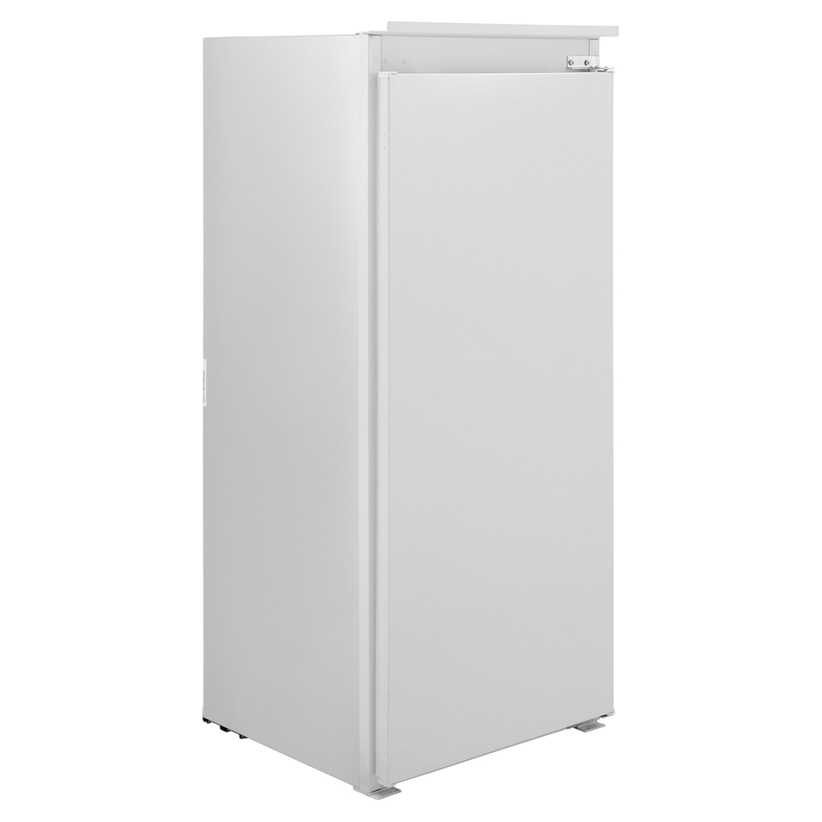 White integrated larder fridge with a sleek design, featuring a single door, adjustable shelves, and a 209-litre capacity, ideal for seamless kitchen integration.