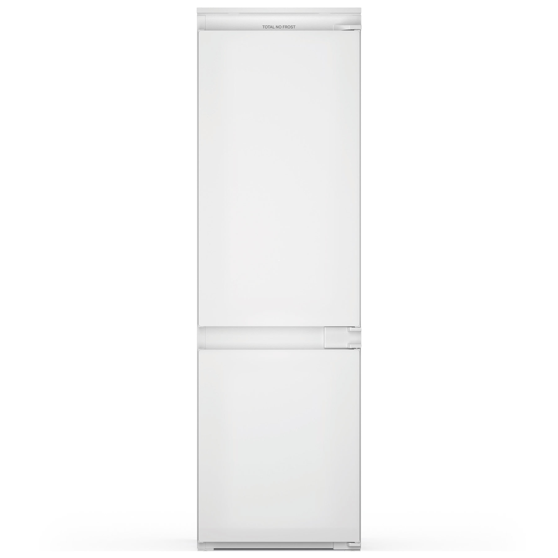 White integrated fridge freezer with a 70/30 split, featuring a sleek design, smooth finish, and a single handle on the freezer compartment at the bottom.