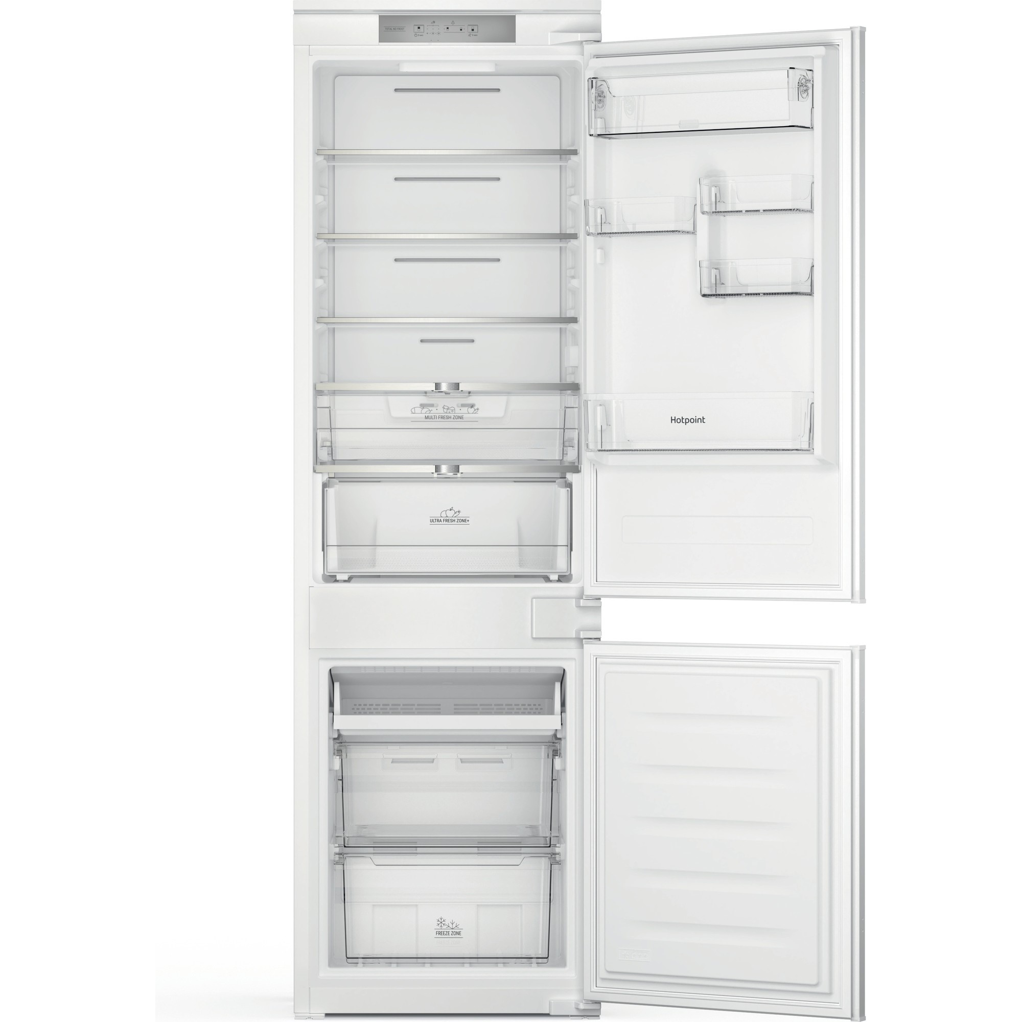White integrated fridge freezer with a 70/30 split, featuring multiple clear shelves, door compartments, and a spacious freezer section at the bottom.