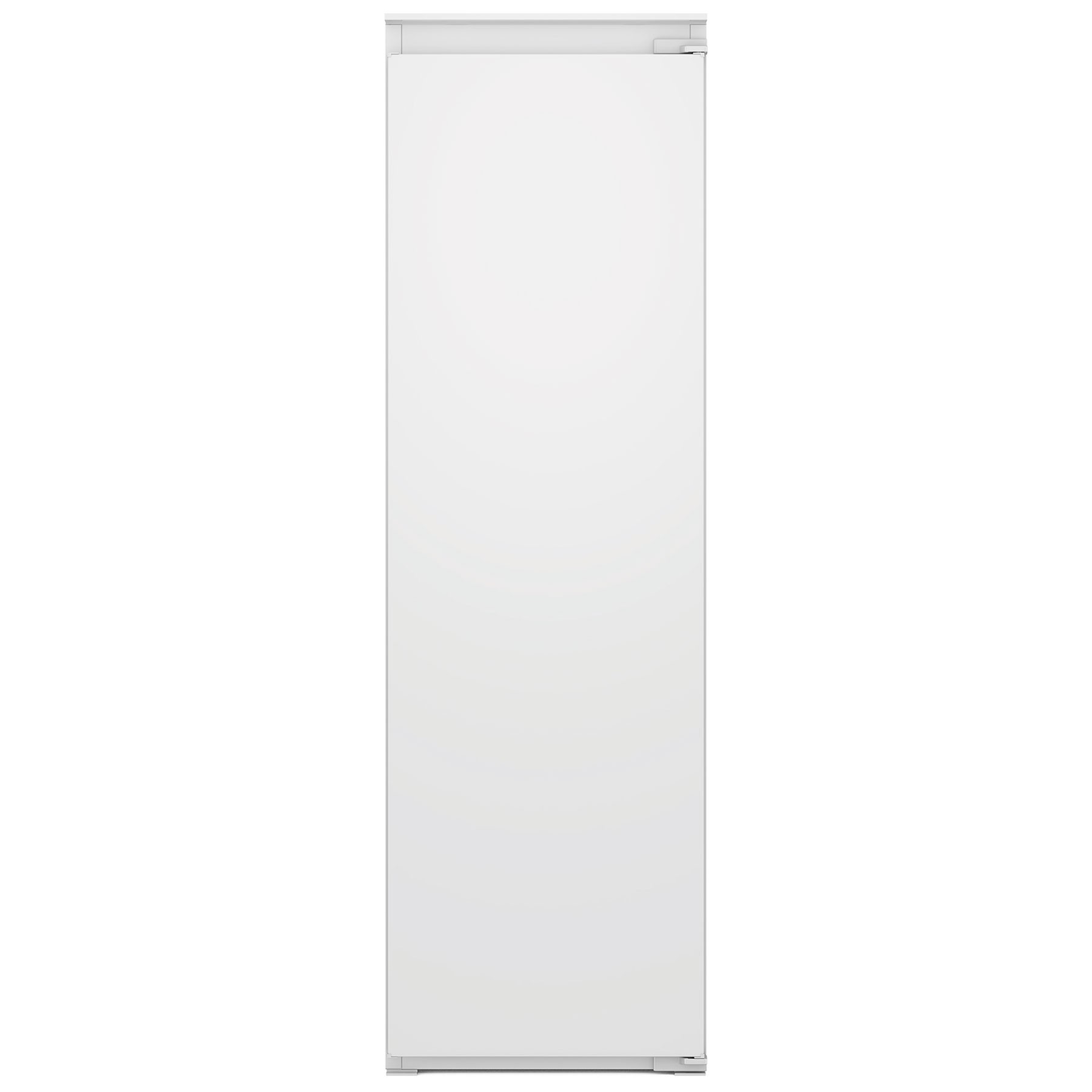 White integrated tall larder fridge with a sleek design, featuring a smooth finish, low frost technology, and a single door without visible handles.