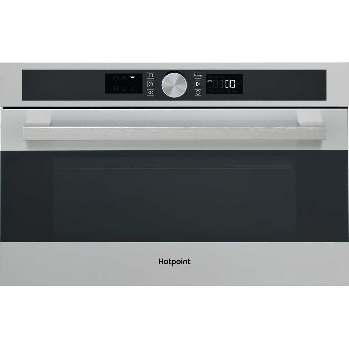 Stainless steel built-in microwave with a sleek design, featuring a digital display, control panel, and a dark glass door, branded with the Hotpoint logo.
