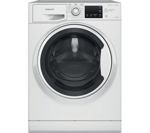Hotpoint NDB11724WUK washer dryer in white, featuring a large front-loading door, digital control panel, and a capacity of 11kg wash and 7kg dry with 1600rpm spin speed.