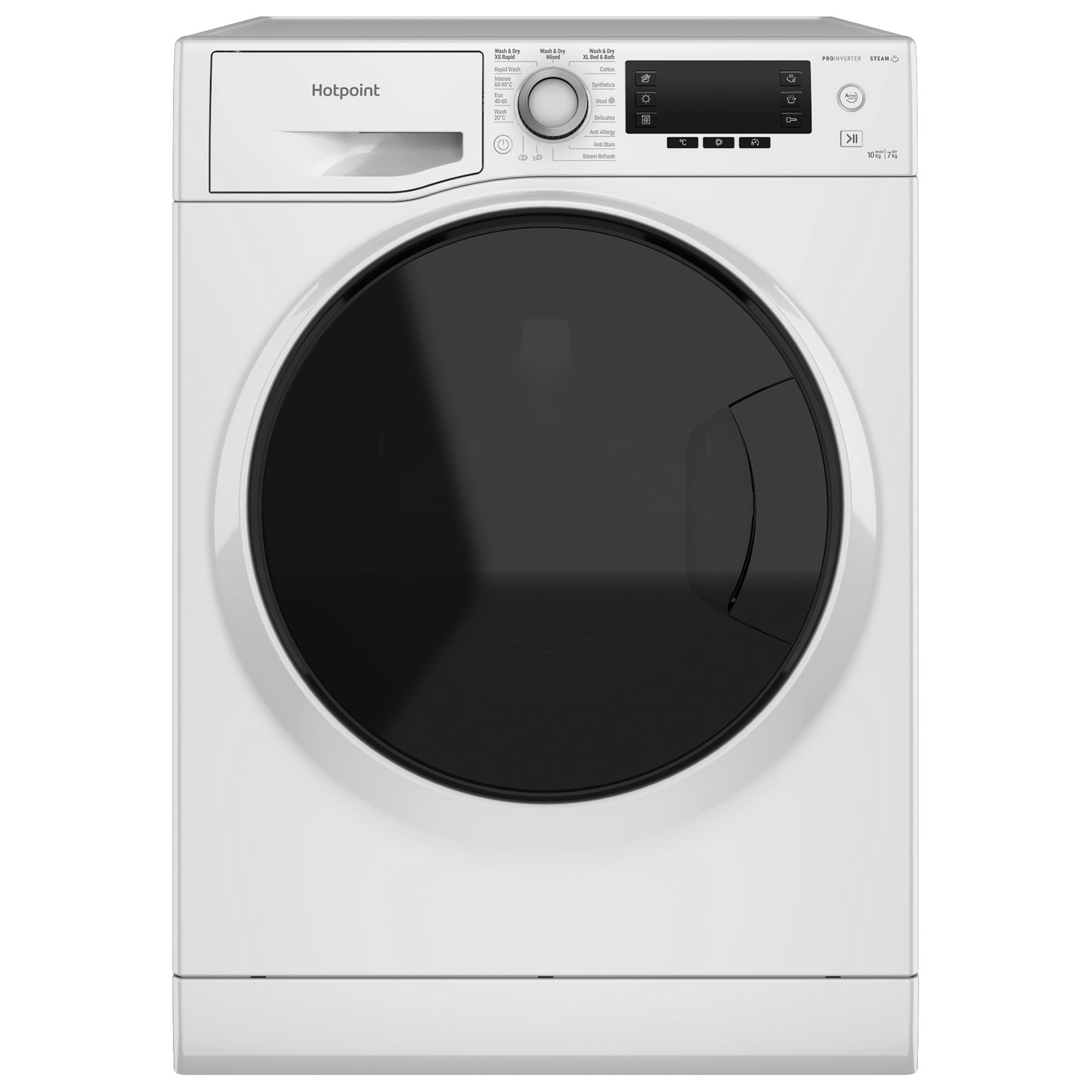 White Hotpoint ActiveCare washer dryer with a 10kg wash and 7kg dry capacity, featuring a large black door, control panel with buttons and display, and energy-saving steam technology.