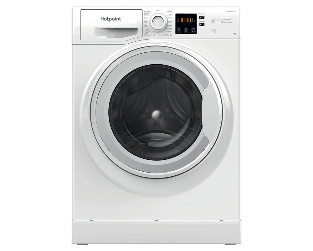 White Hotpoint NSWF7469WUK washing machine with a large circular door, digital display, and control panel featuring various wash settings and a 1400 RPM spin speed.