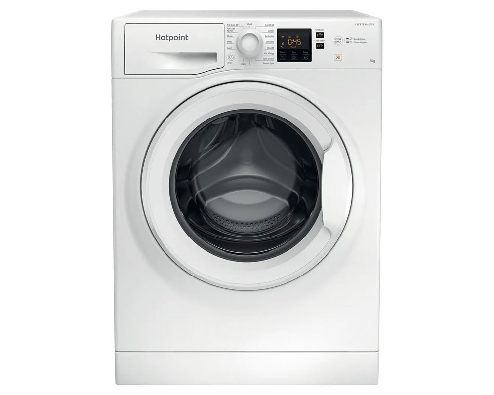 White Hotpoint NSWF846WUK washing machine with an 8kg capacity, 1400 spin speed, front-loading door, digital display, and control panel on the top left.