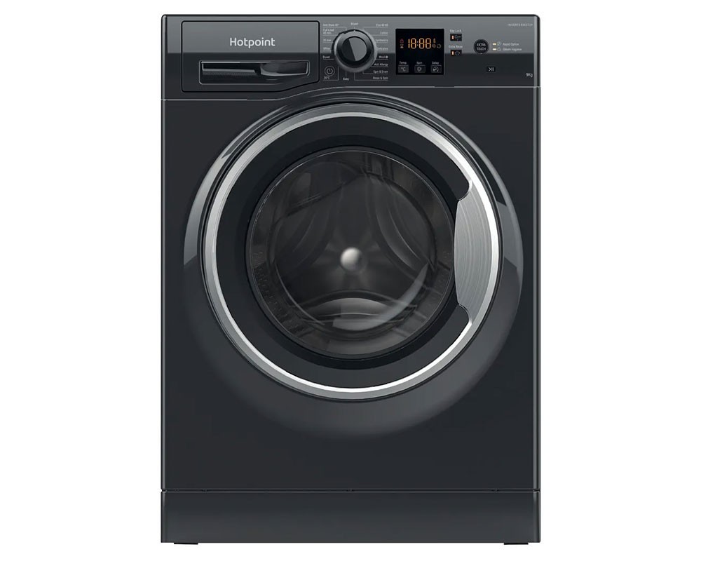 Black Hotpoint NSWF946BSUK washing machine with a 9Kg capacity, 1400 spin speed, front-loading design, and digital display panel featuring control buttons.