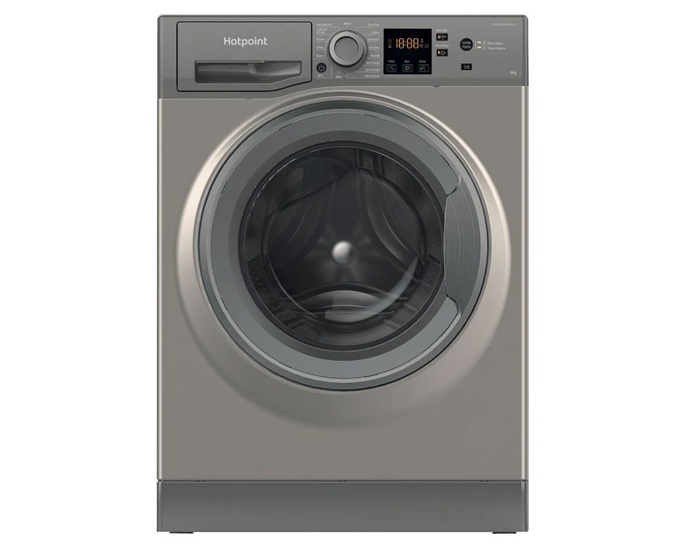 Graphite-colored Hotpoint NSWF946GGUK washing machine with a 9kg capacity, 1400 spin speed, front-loading design, and digital display panel.