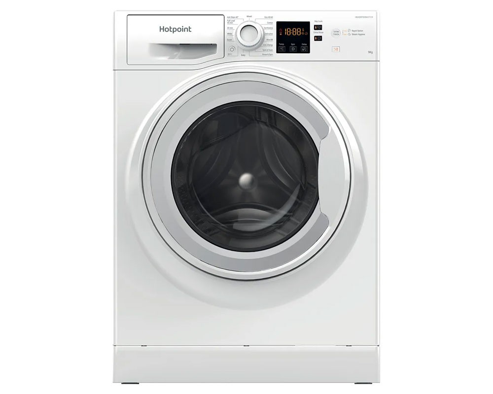 White Hotpoint NSWF946WUK washing machine with a 9kg capacity, 1400 RPM spin speed, front-loading design, and a digital display panel.